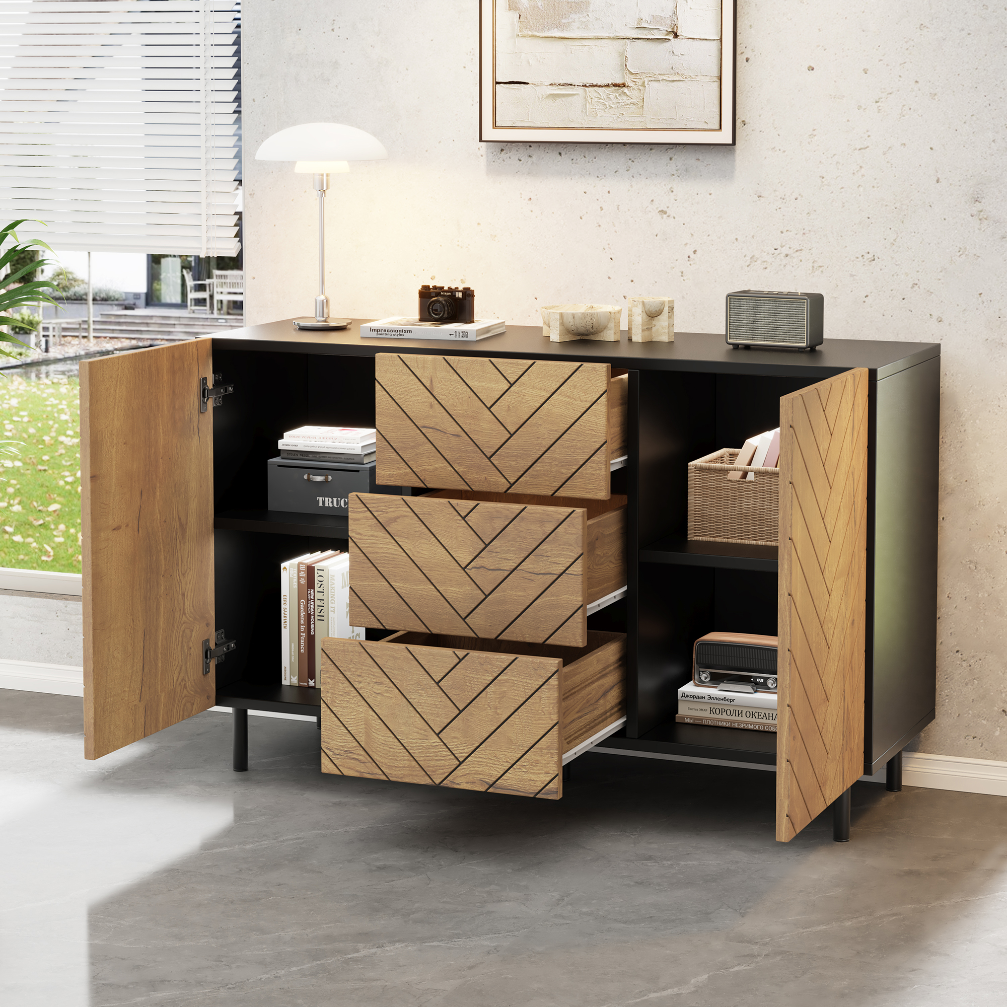 Natural Wood Sideboard with 3 Drawers and 2 Cabinets