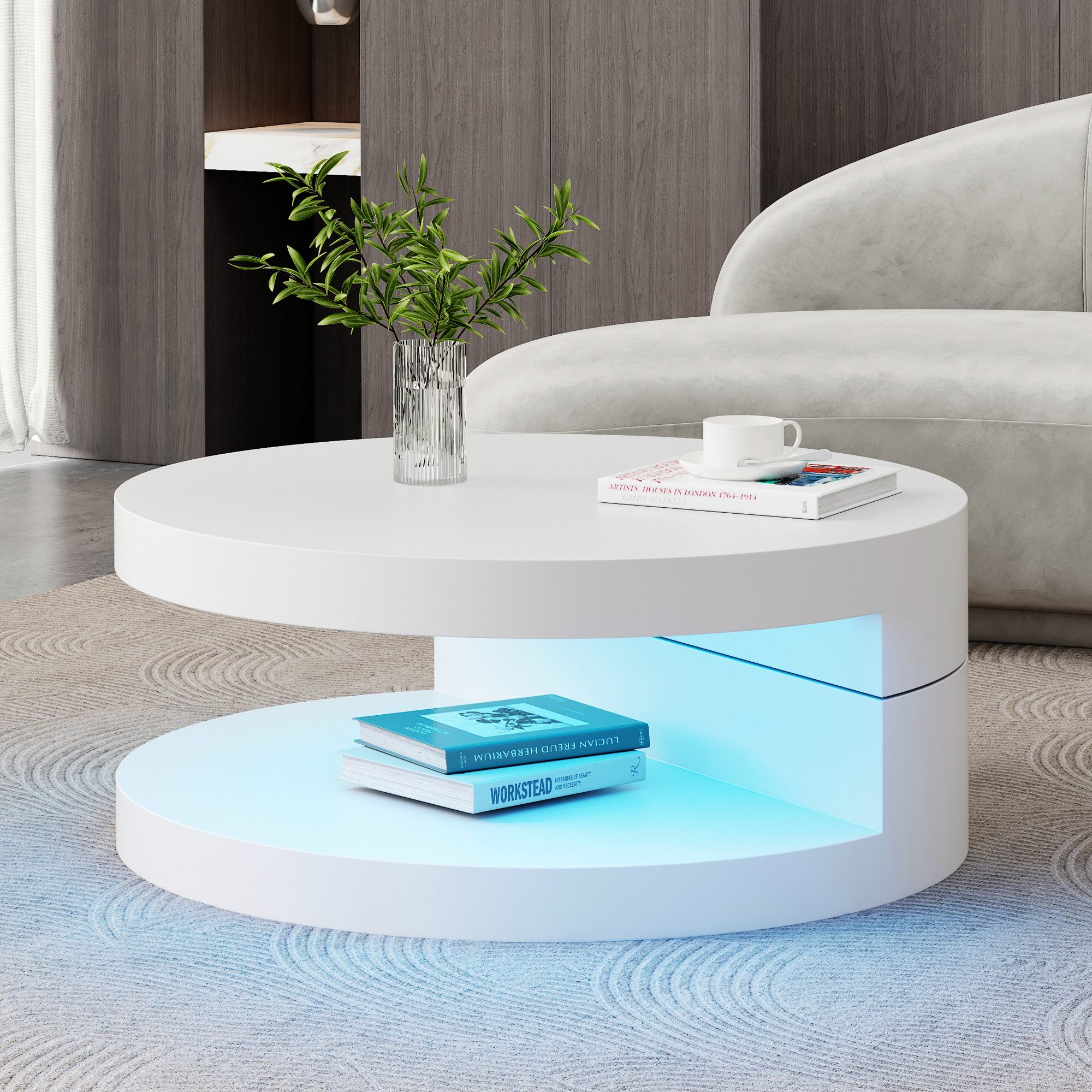 White Round Swivel Coffee Table with LED, Two-Tier MDF