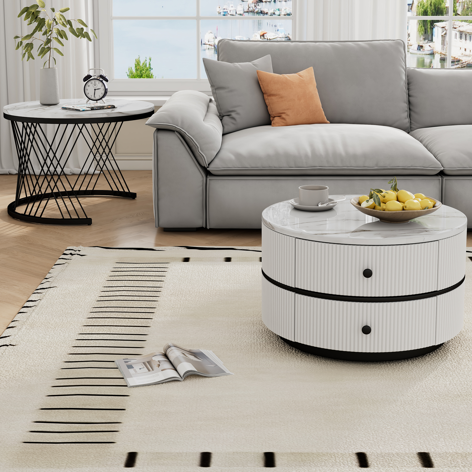2-Piece Round Nesting Coffee Table Set, High-Gloss Marble Look