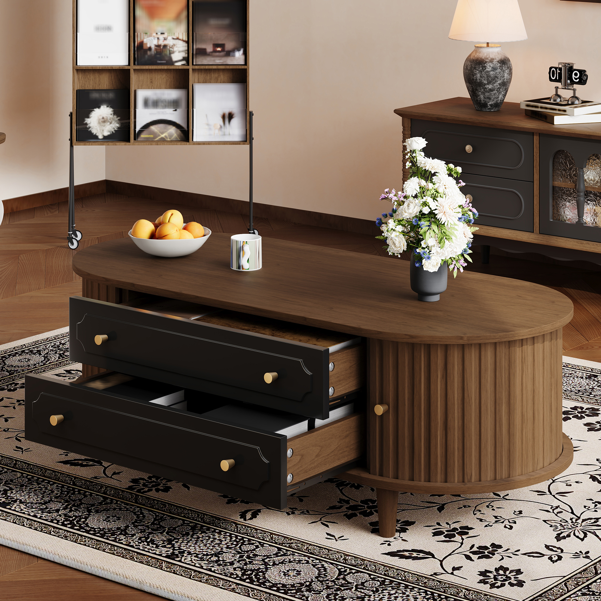 Walnut and Black Coffee Table with Roll-Up Door and 2 Drawers