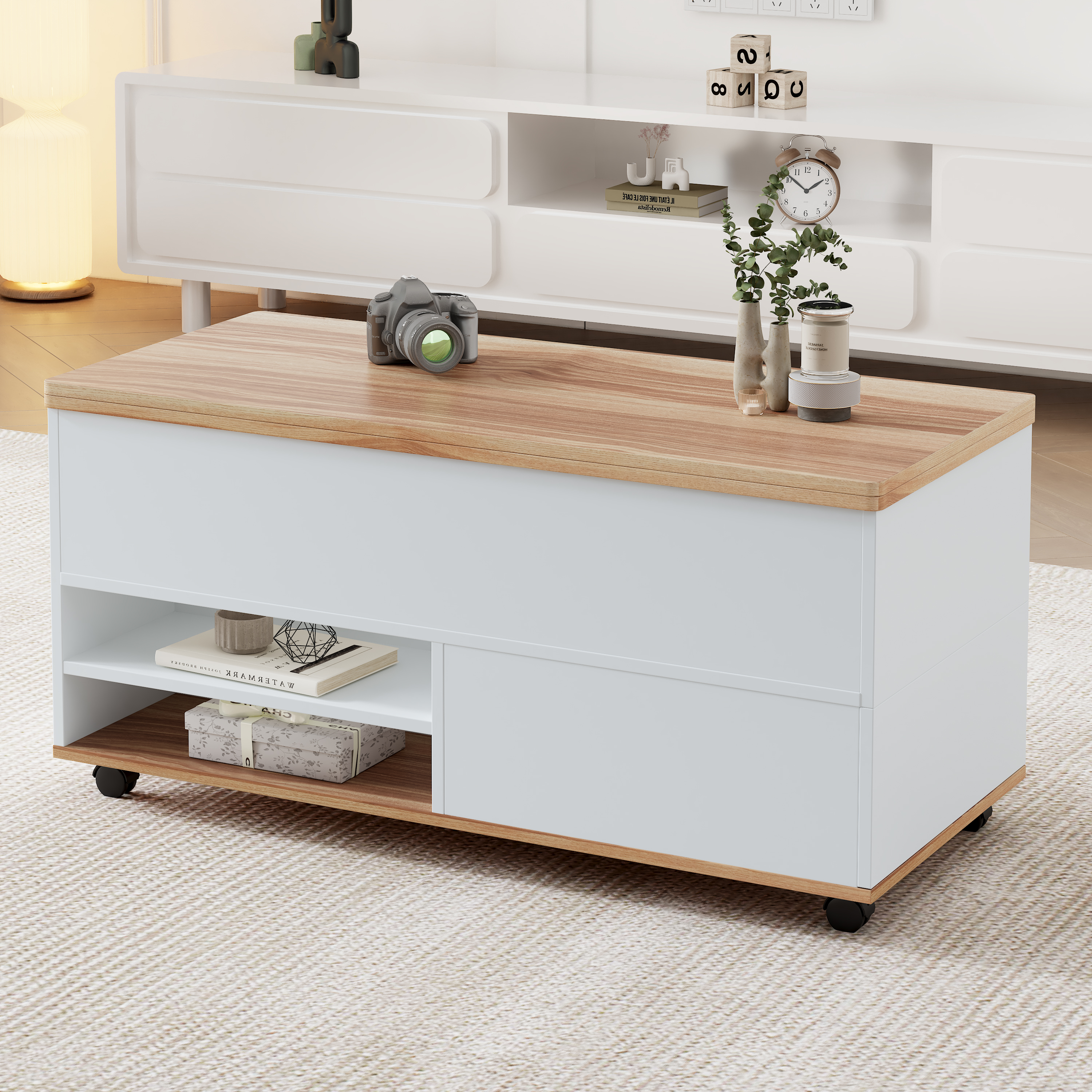 Height-Adjustable Coffee and Dining Table with Storage, White