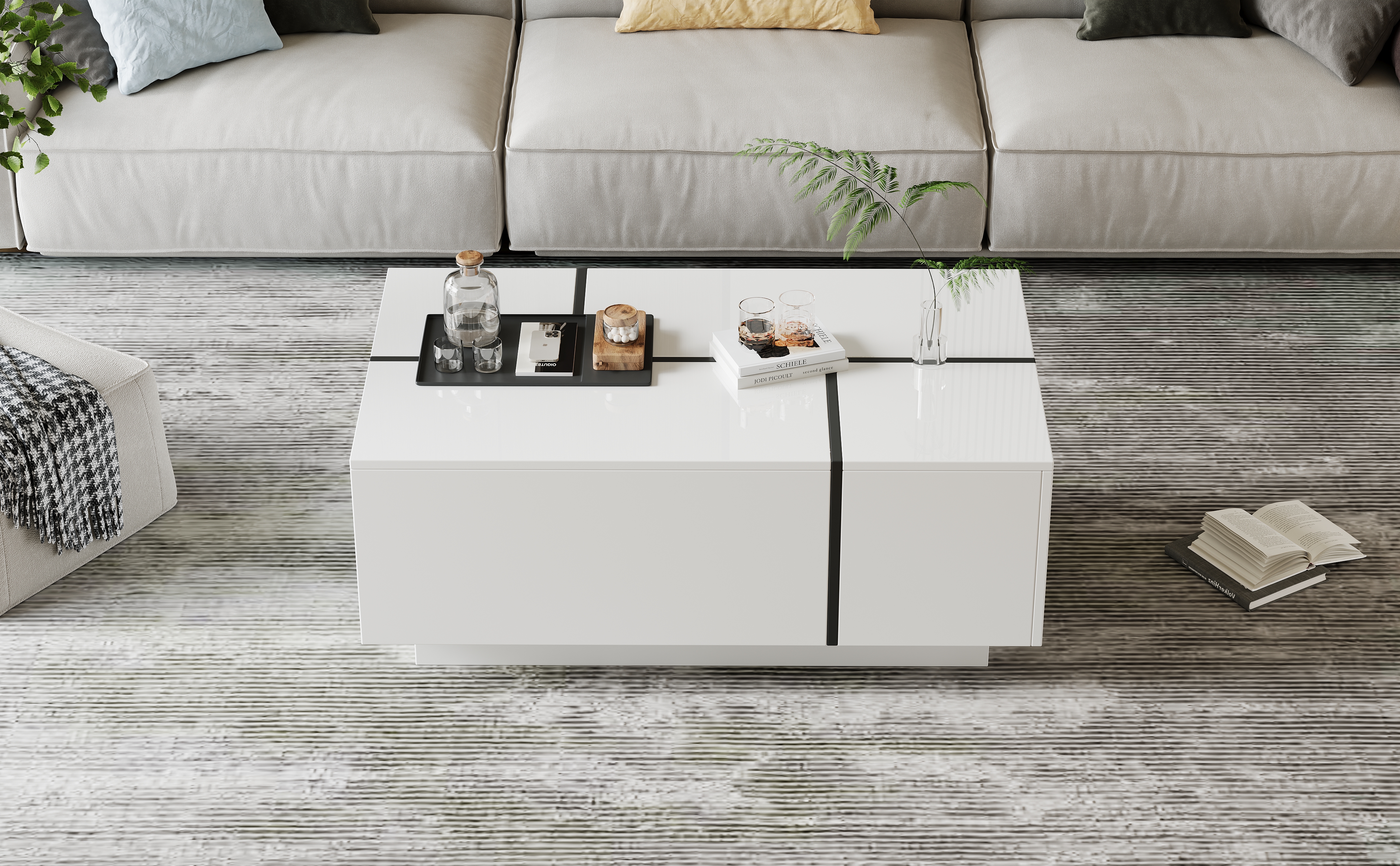 White High-Gloss Coffee Table with Sliding Top and 4 Drawers