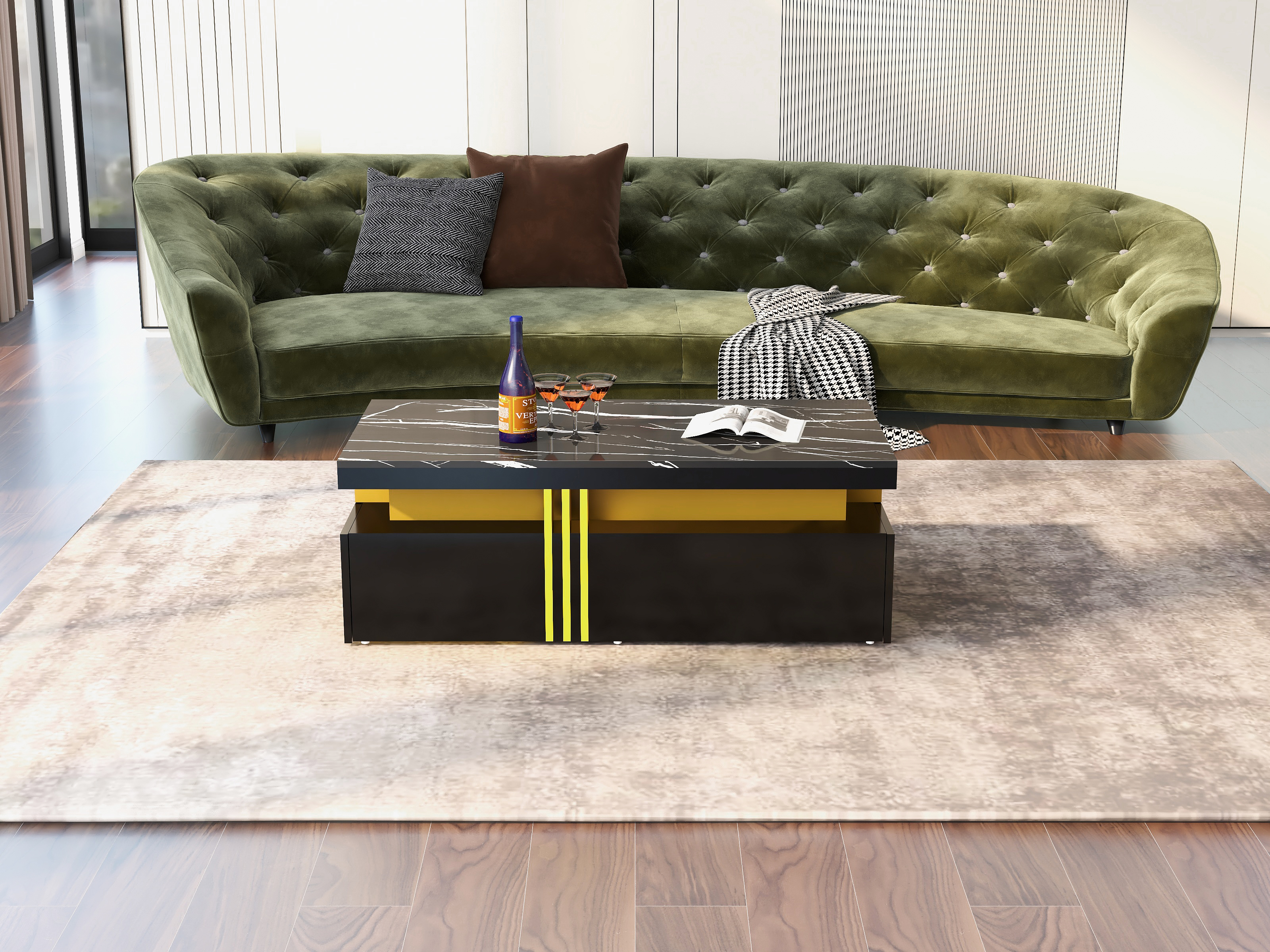 Black Marble-Effect Coffee Table with 2 Drawers, High-Gloss
