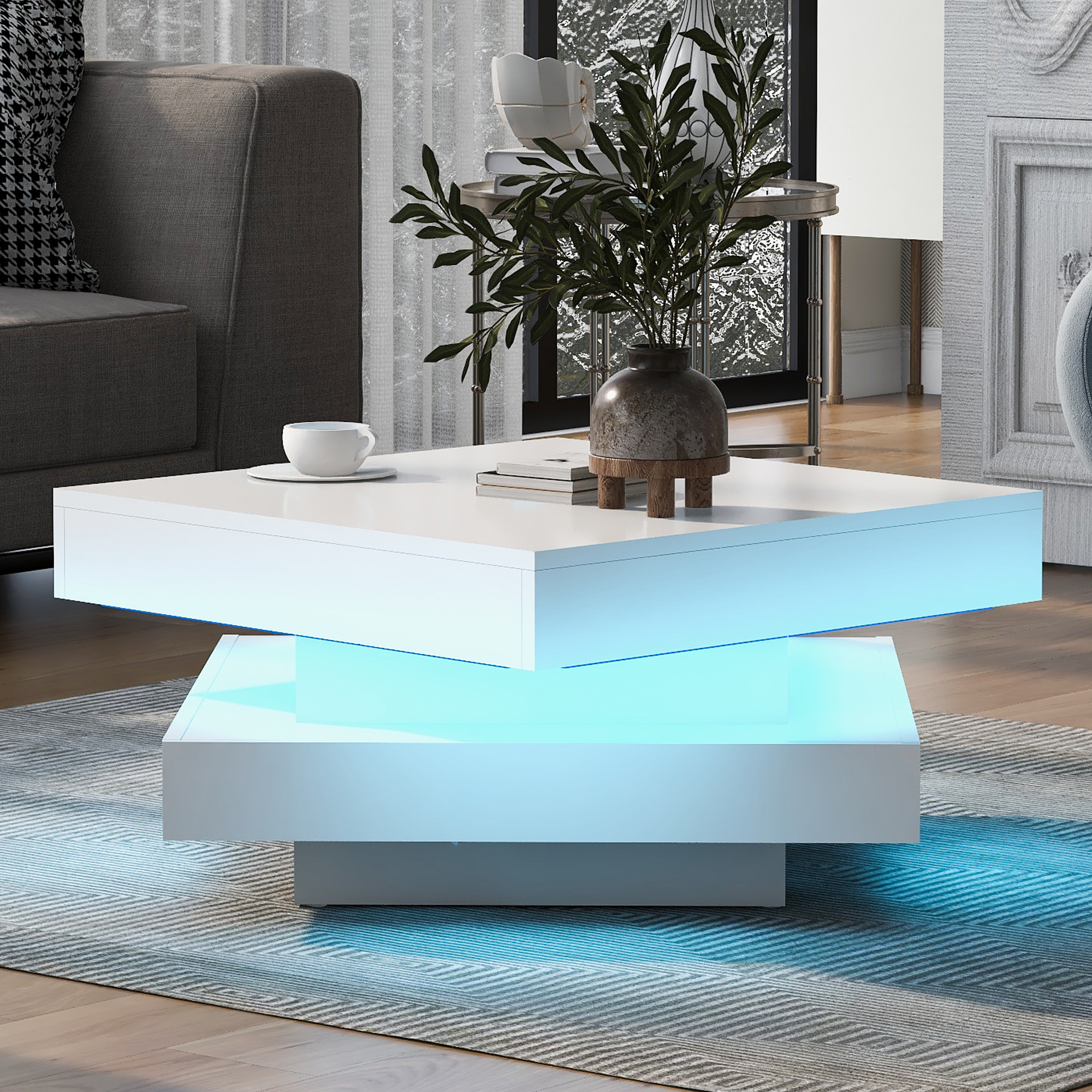 White High-Gloss Square Coffee Table with 360-Degree Swivel Top and LED