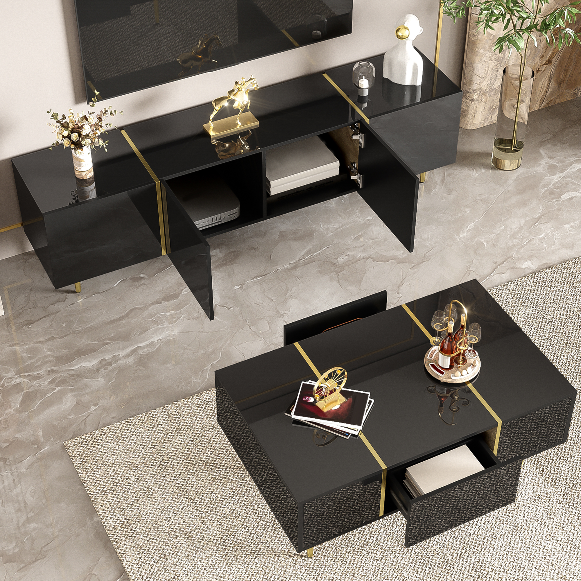Black High-Gloss TV Cabinet and Coffee Table Set with Gold Accents