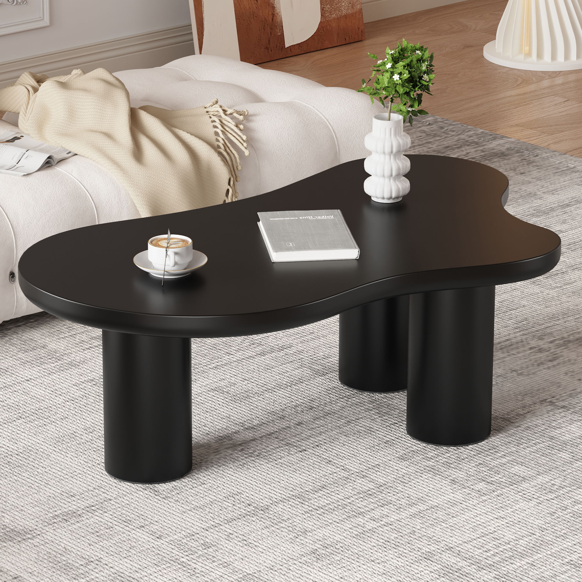 Black Cloud-Shaped MDF Coffee Table with PVC Legs