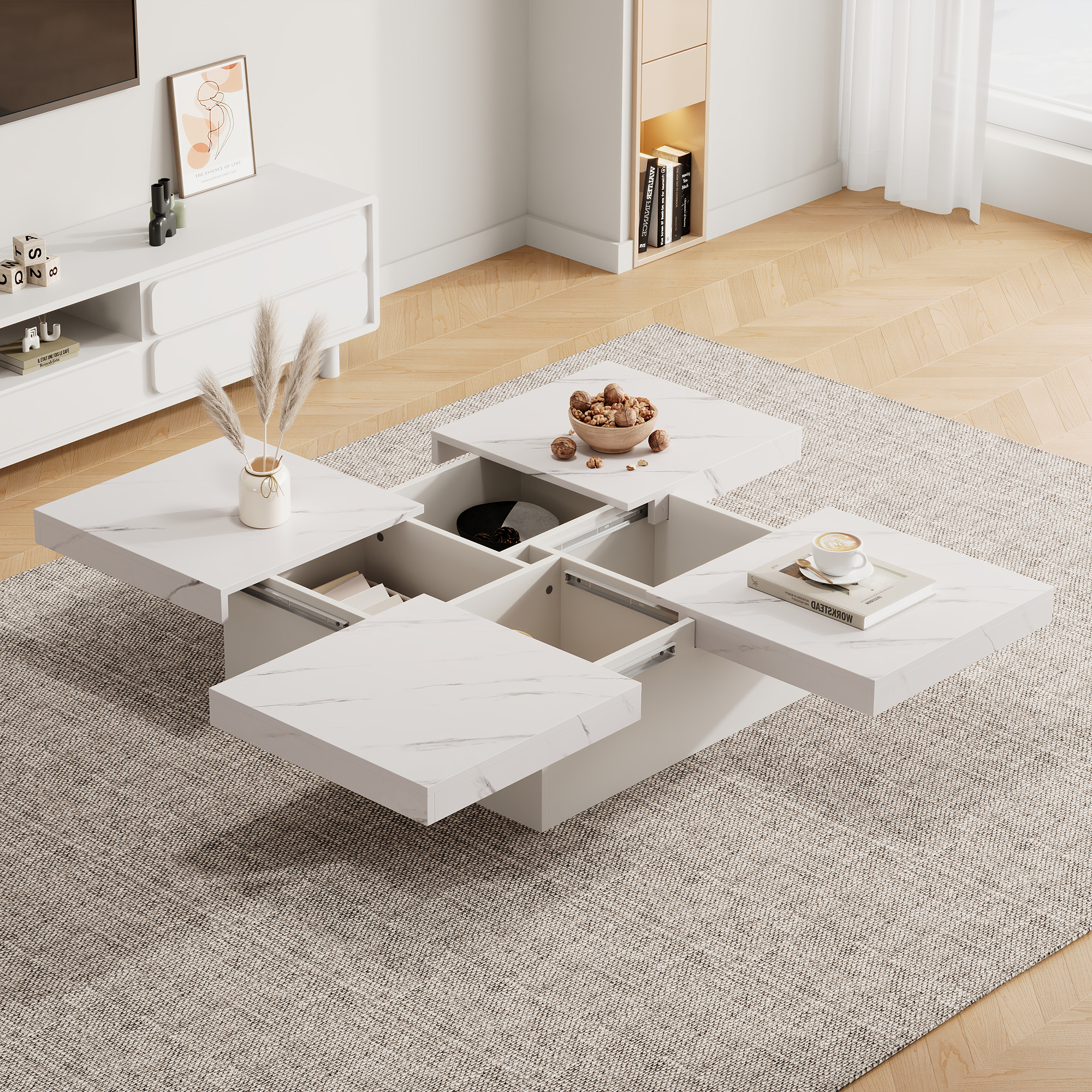 White Square Coffee Table with Marble Veneer, Sliding Top and 4 Drawers