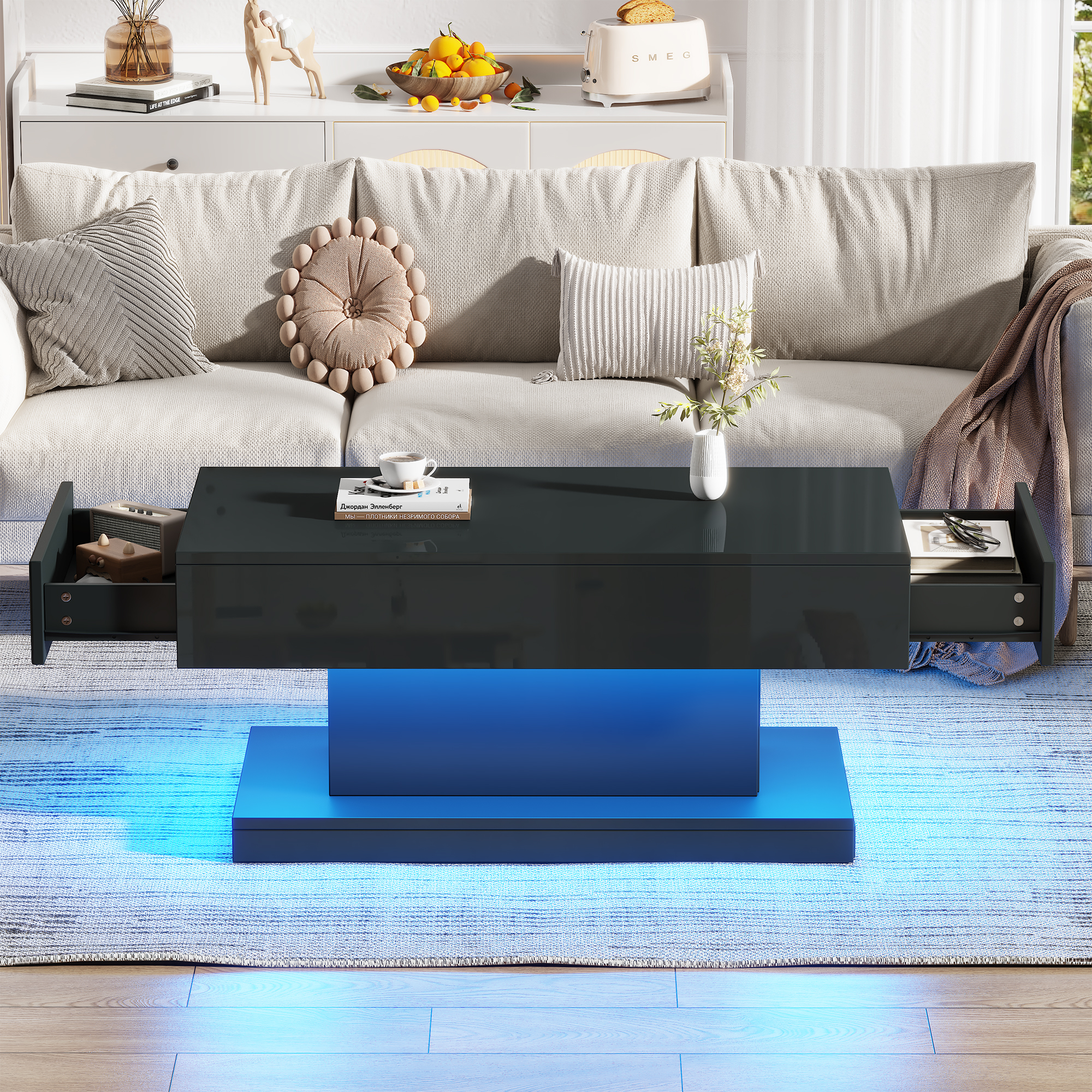 Black High-Gloss Coffee Table with LED Strip and 2 Drawers