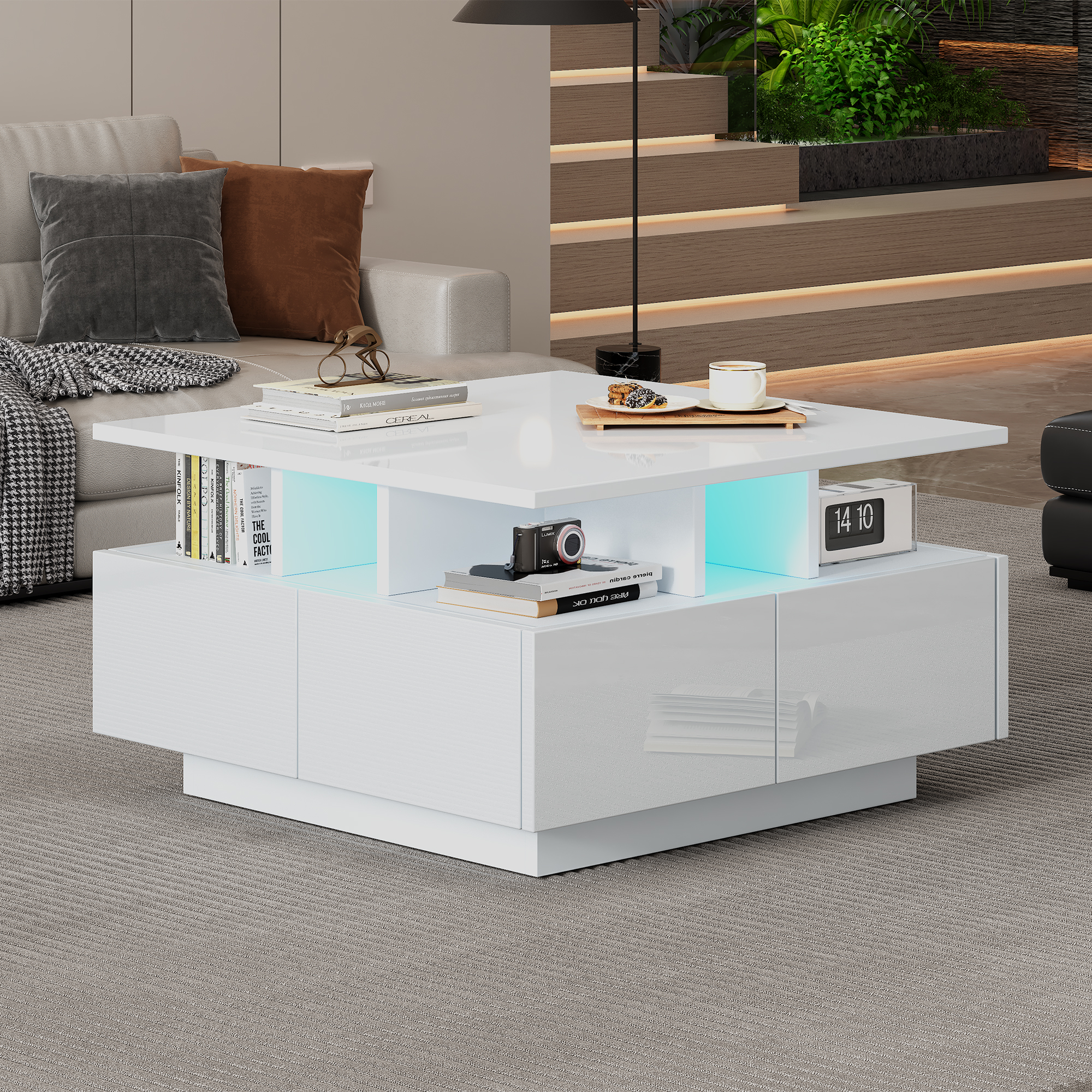 White Square Coffee Table with 4 Drawers, LED Strip and App Control