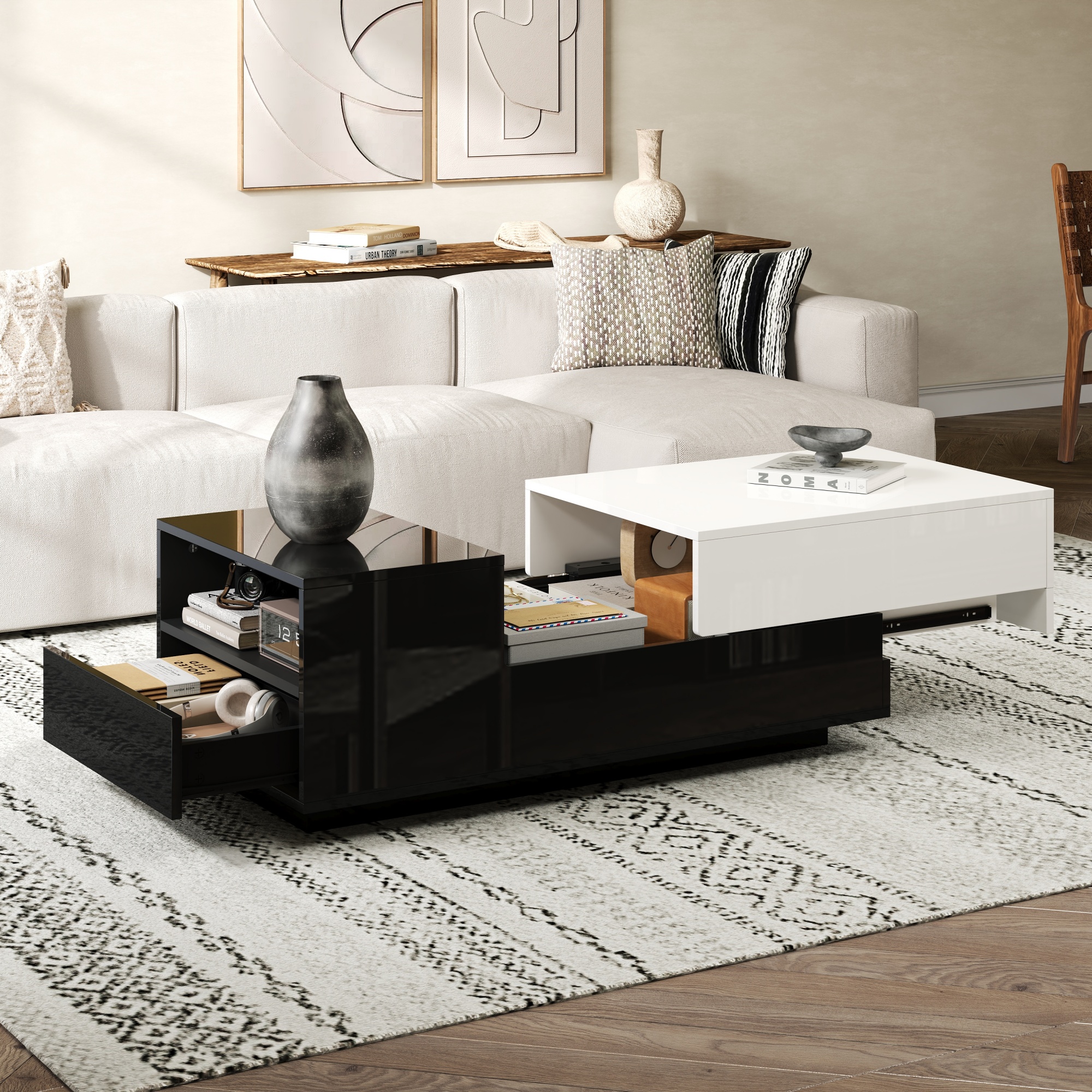 White and Black High-Gloss Coffee Table with Sliding Shelf and 1 Drawer