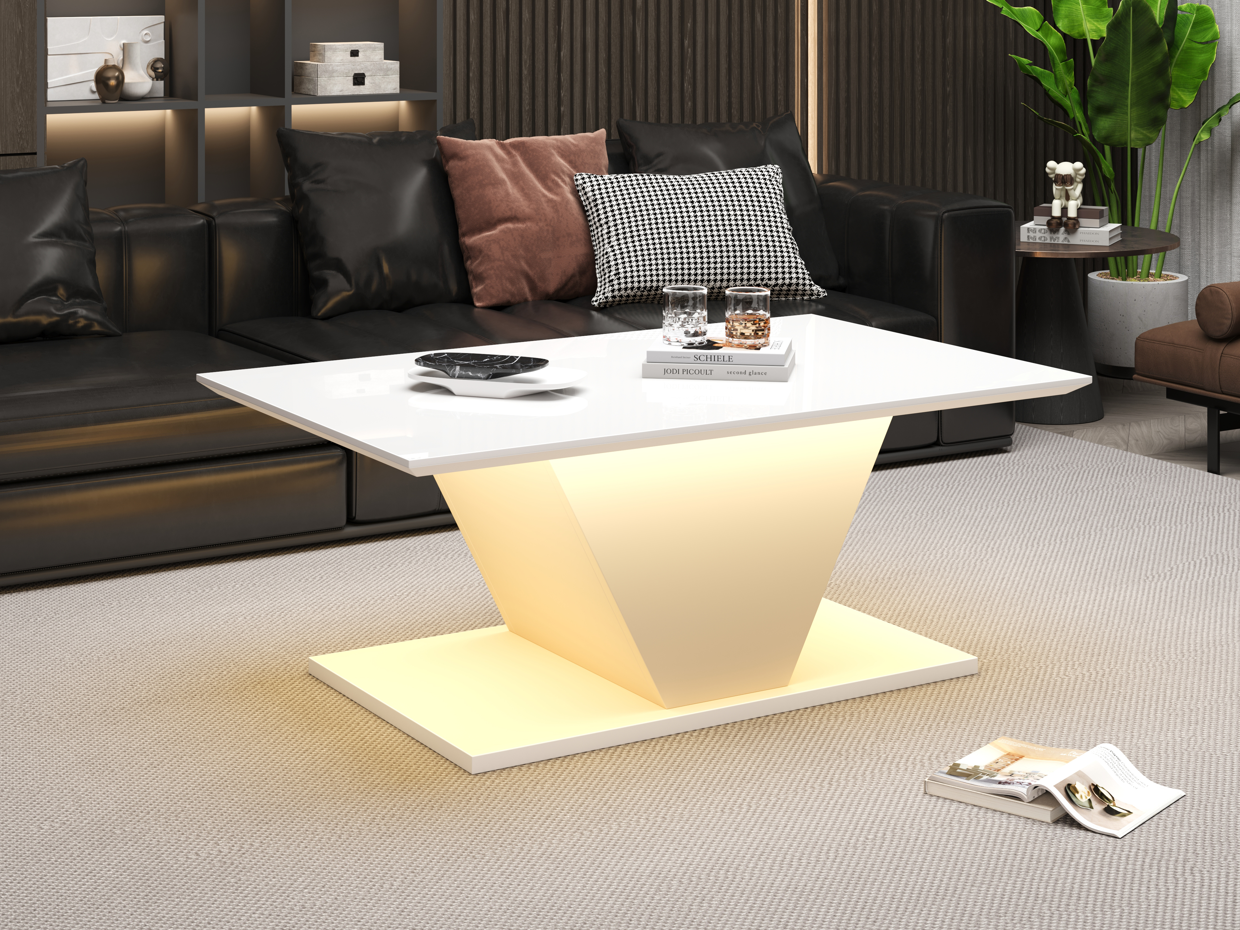 White V-Shape High-Gloss Coffee Table with App-Controlled LED