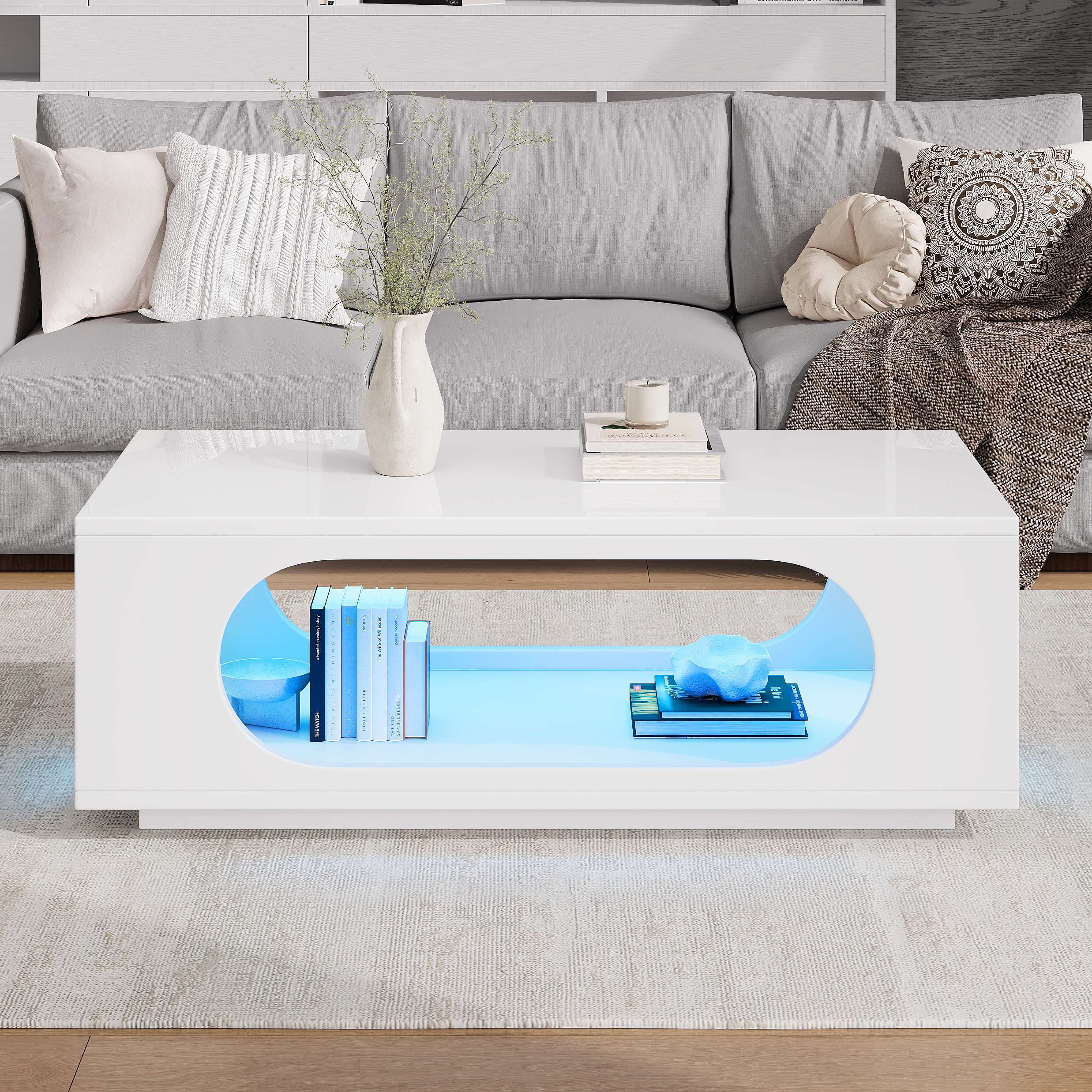 White MDF Coffee Table with Open Storage Bay and App-Controlled LED