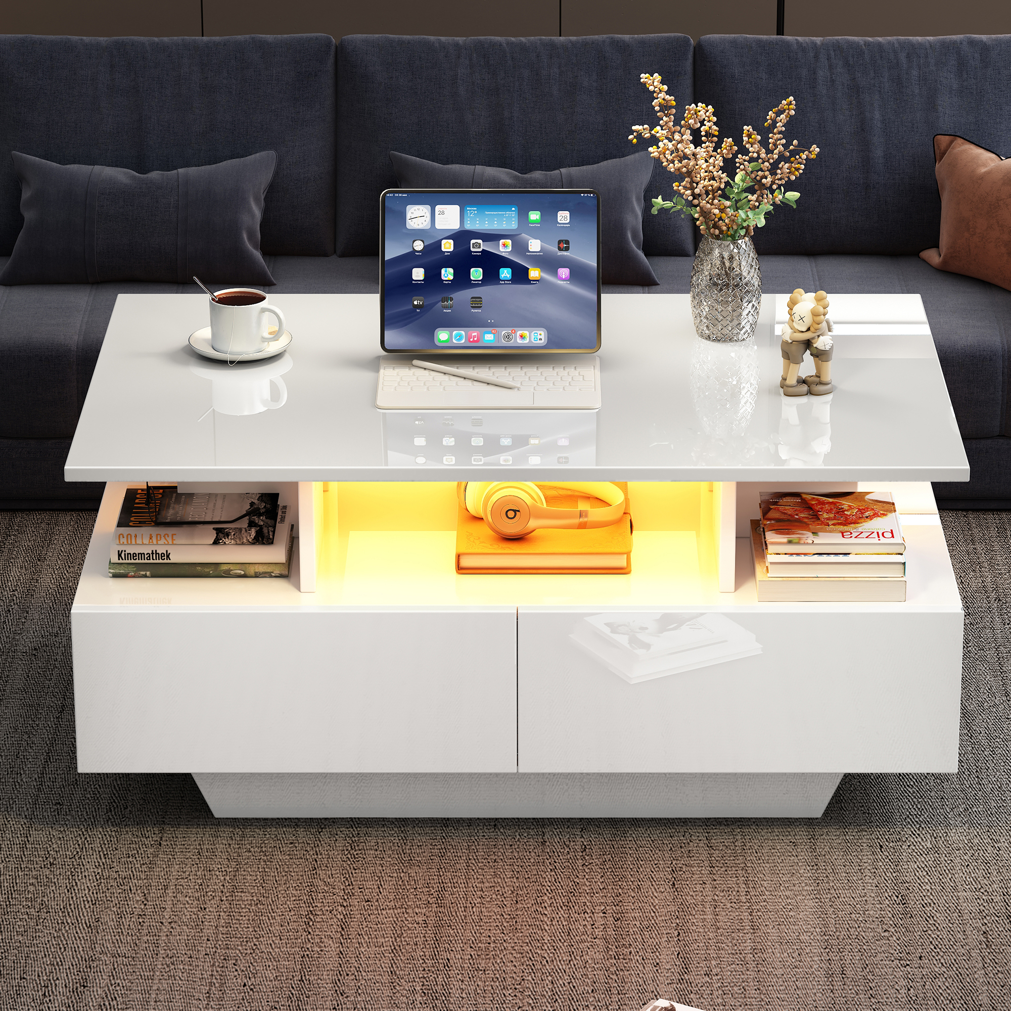 White High-Gloss Coffee Table with LED Lighting and 2 Drawers