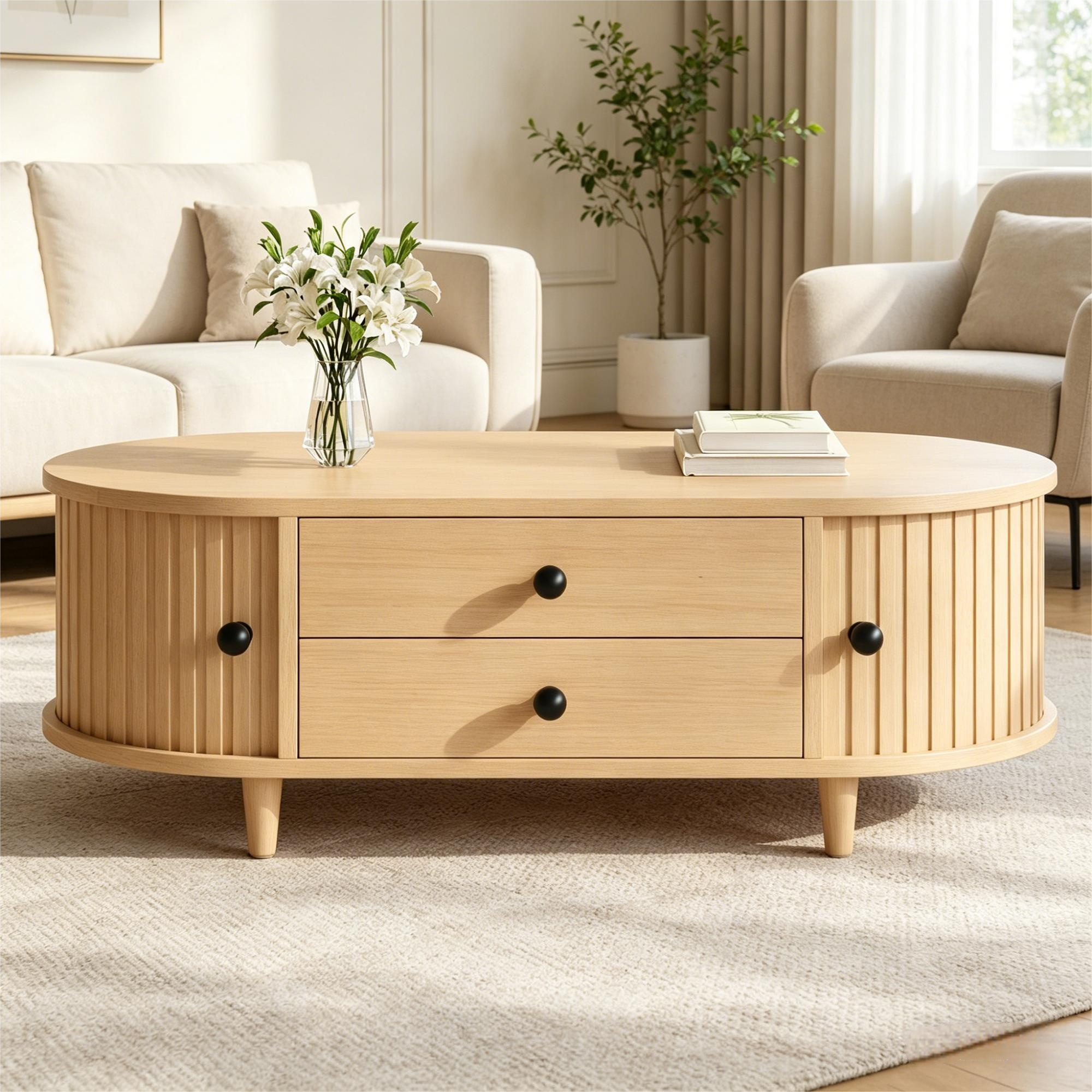 Natural Wood MDF Coffee Table with Roll-Up Doors and 2 Drawers
