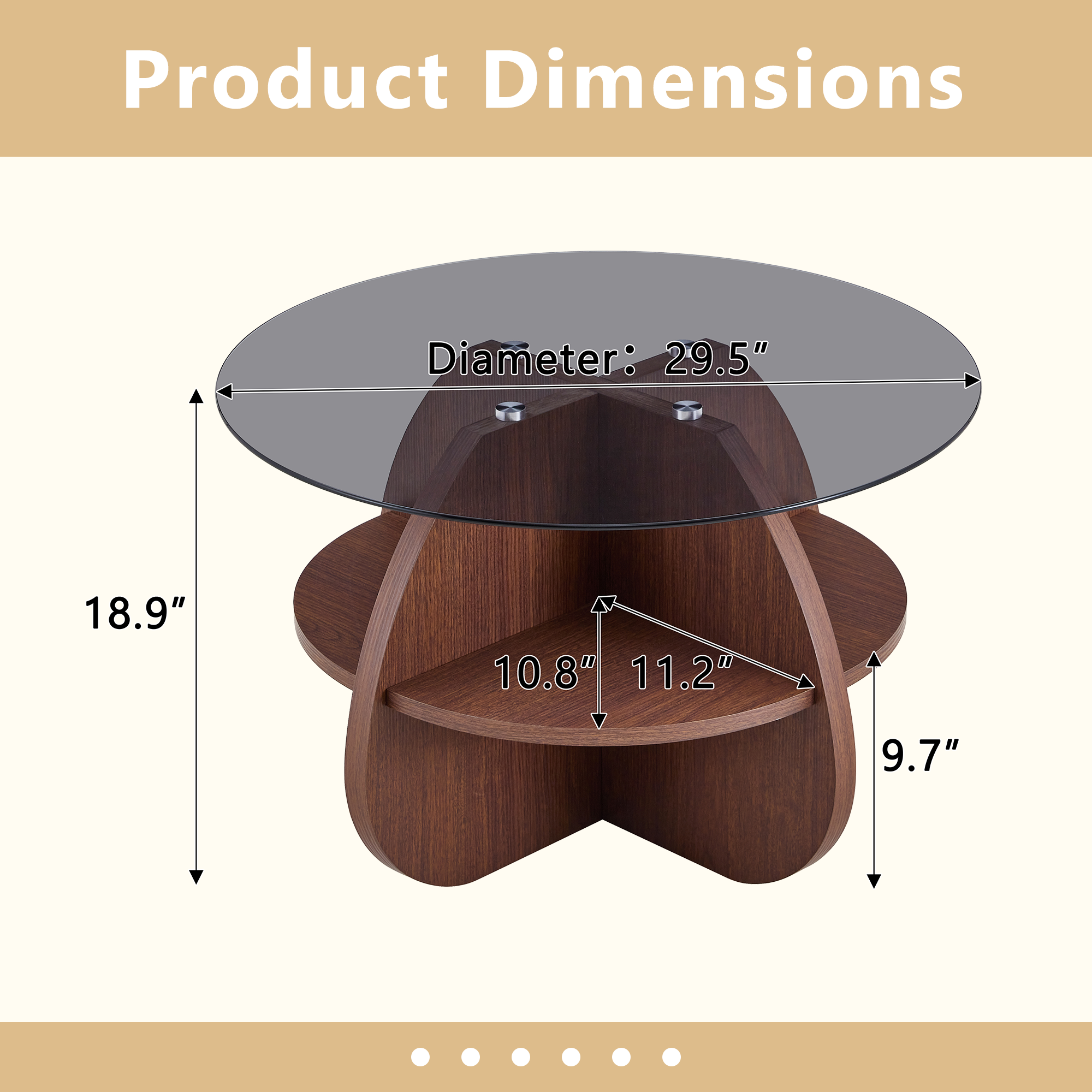 Creative Cross-Structure Round Coffee Table With Gray Tempered Glass Top And Walnut-Colored Fan-Shaped Storage. Perfect For Living Rooms, As A Coffee Table Or Side Table. Ideal For Small Spaces.