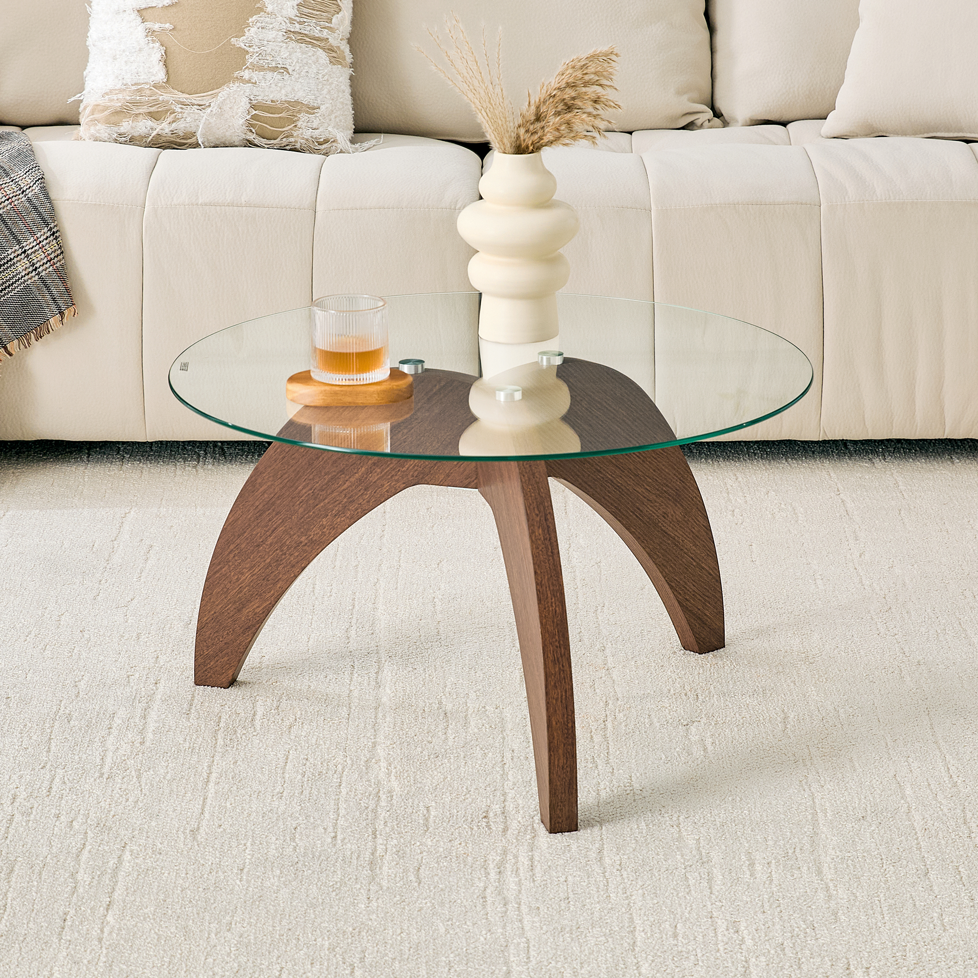Round Coffee Table with Clear Glass Top and Claw Legs