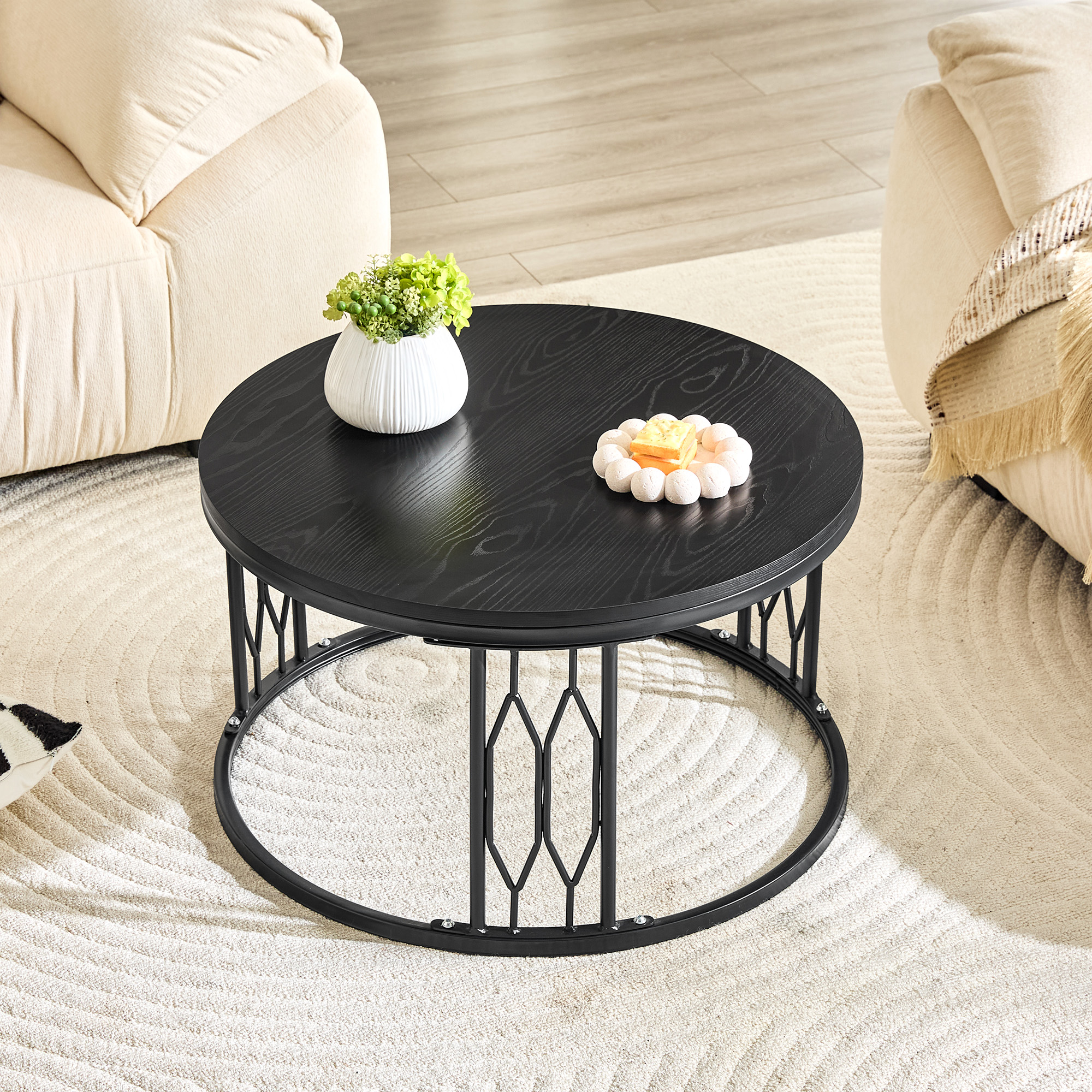 Black Round MDF Coffee Table, 27.5-inch Diameter. A Round Coffee Table For The Living Room Featuring A Rustic Industrial Design, With Sturdy Metal Frame Legs And Easy Assembly.