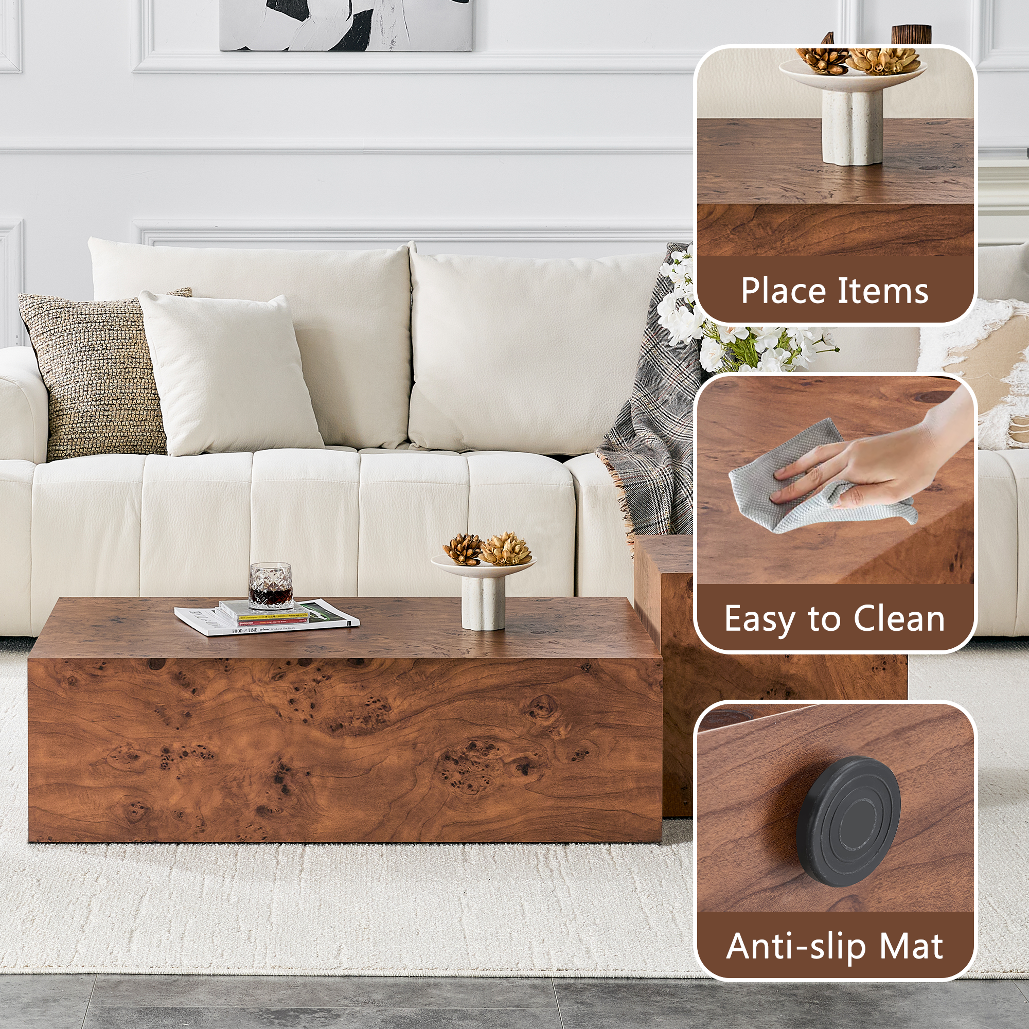 Premium Burl Walnut Veneer MDF Cube Table, Height Adjustable Multi-purpose Coffee Side End Table For Living Room, 39.4 X21.7 X11.8 , No Extra Items Included