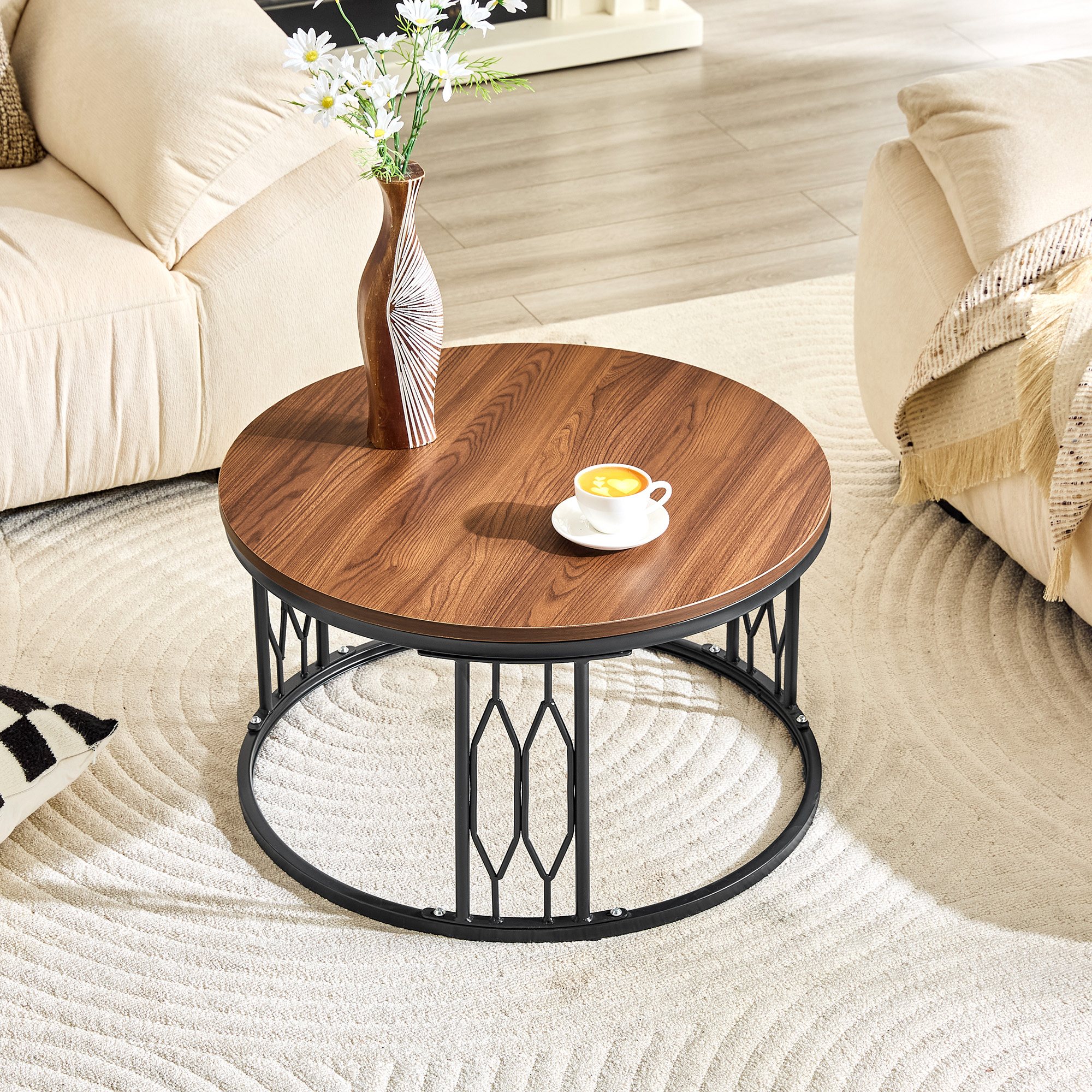 Walnut Round MDF Coffee Table with Black Metal Legs