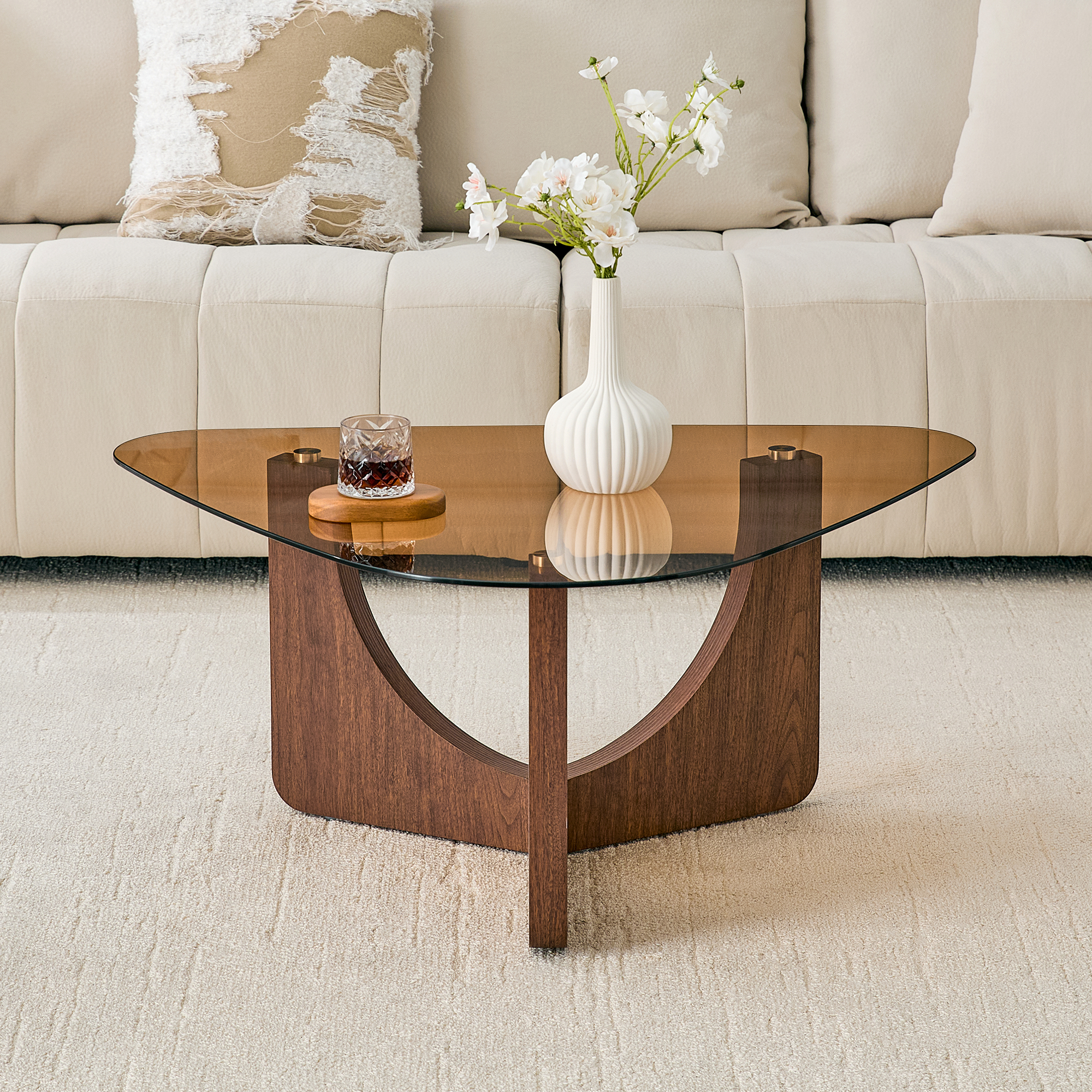 Triangular Coffee Table with Tea Glass Top and Walnut Legs