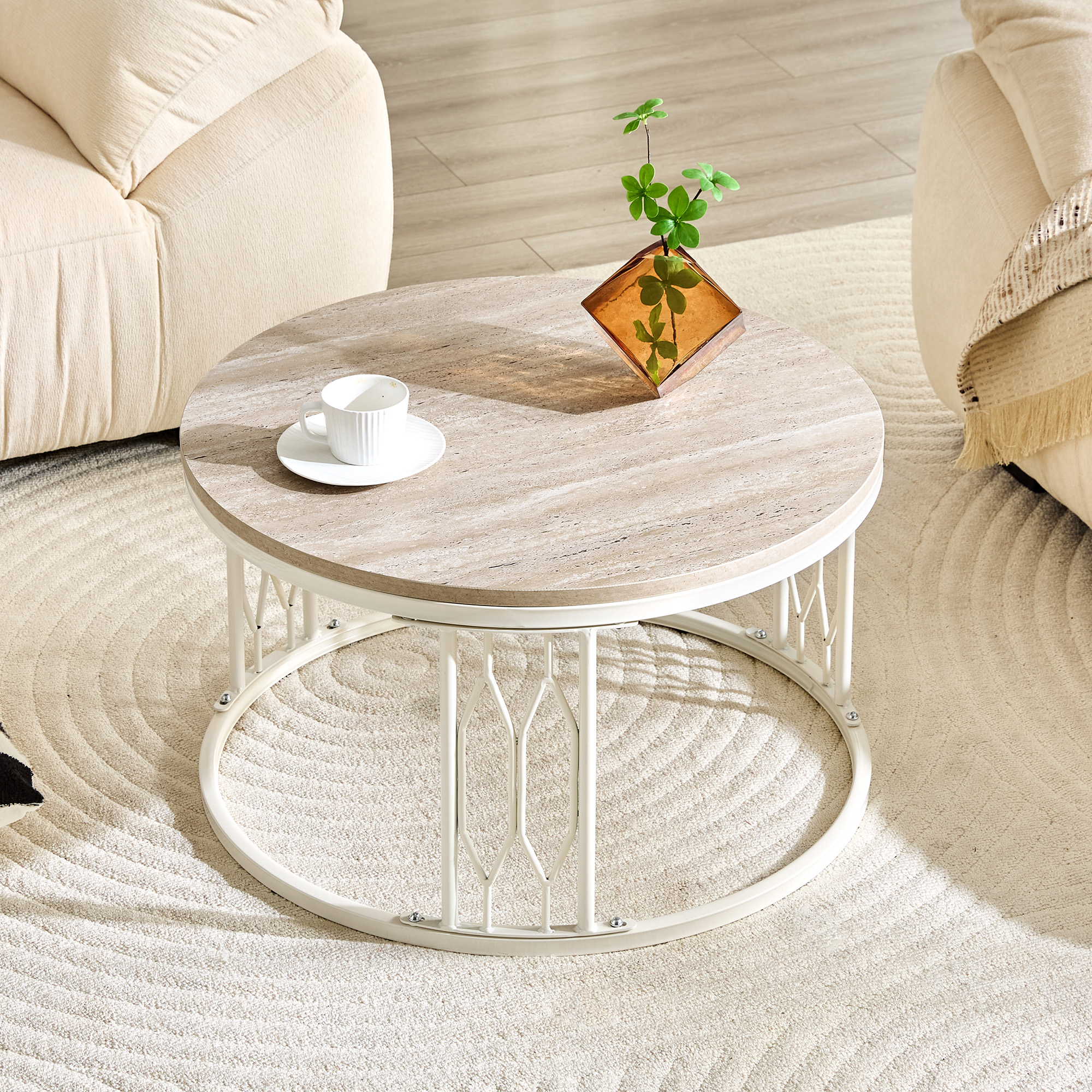 Round MDF Coffee Table With Stone-Effect Texture, 27.5-inch Diameter. Round Coffee Table For The Living Room. Wabi-sabi Style Round Coffee Table Featuring Sturdy Metal Frame Legs And Easy Assembly.