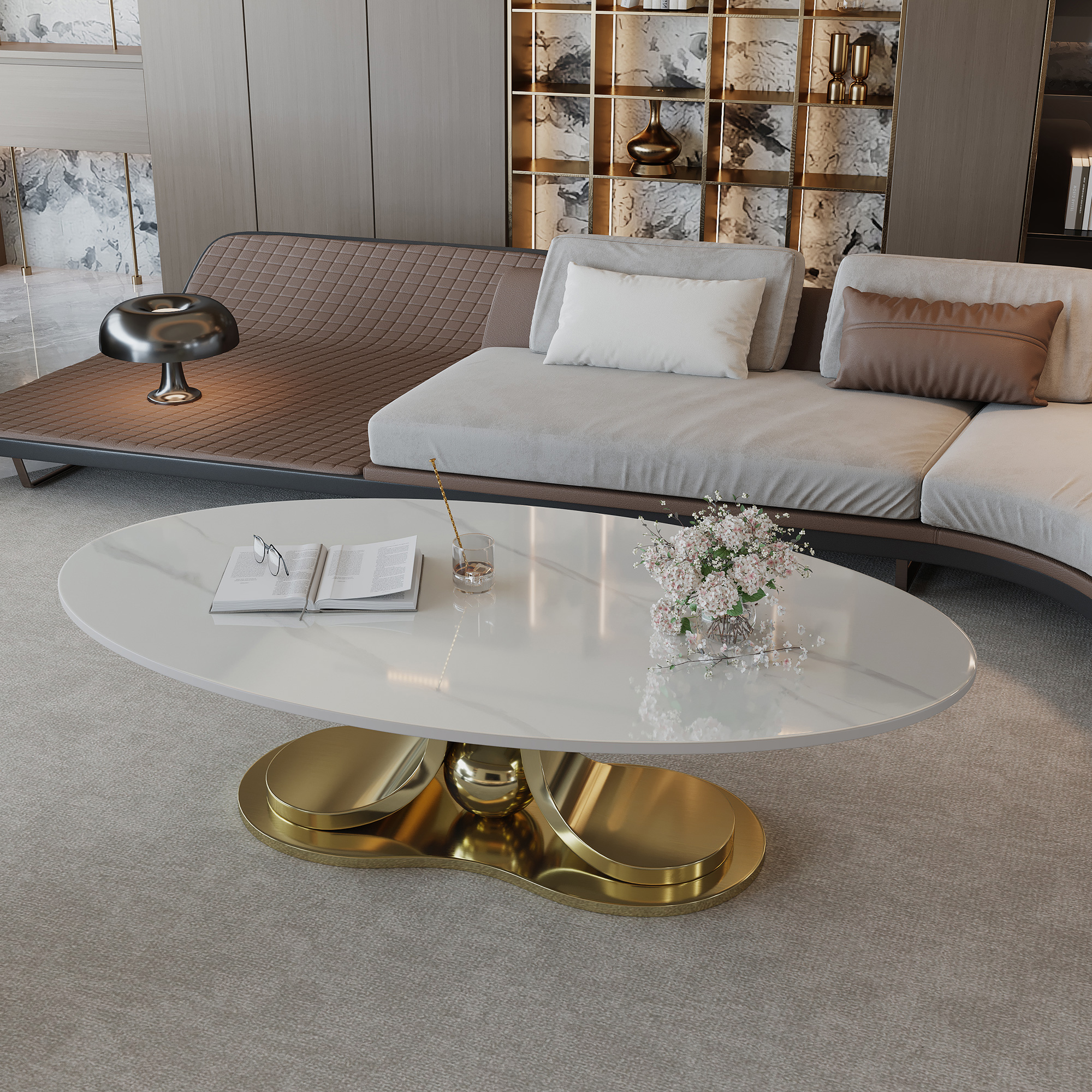 Sintered Stone Coffee Table with Gold Stainless Steel Base