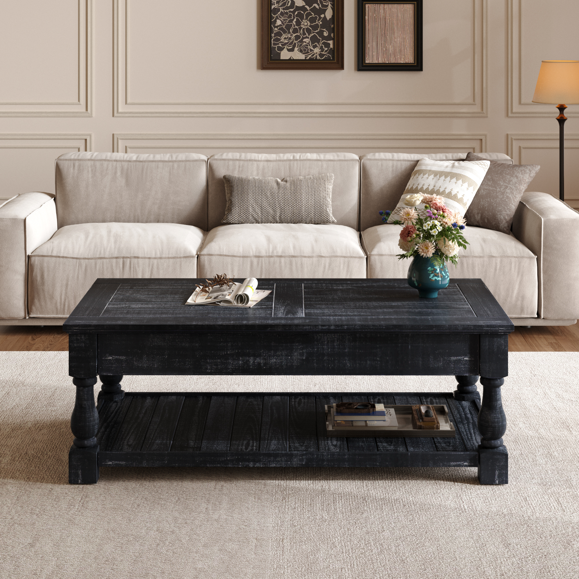 Farmhouse Lift-Top Coffee Table with Hidden Storage Trays
