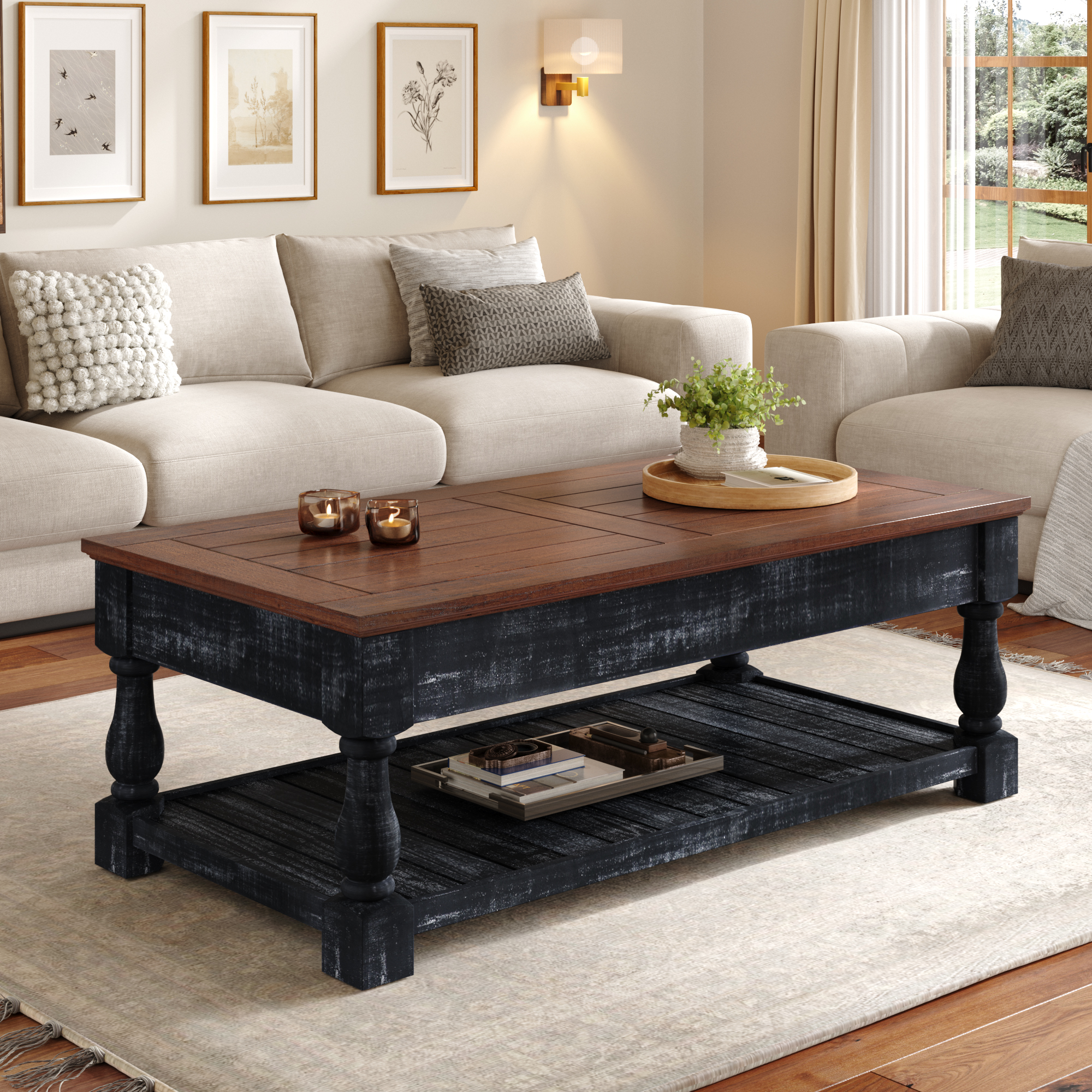 Retro Lift-Top Coffee Table With Storage For Living Room, Hidden Compartment & Lower Shelf, Espresso & Weathered Black Finish
