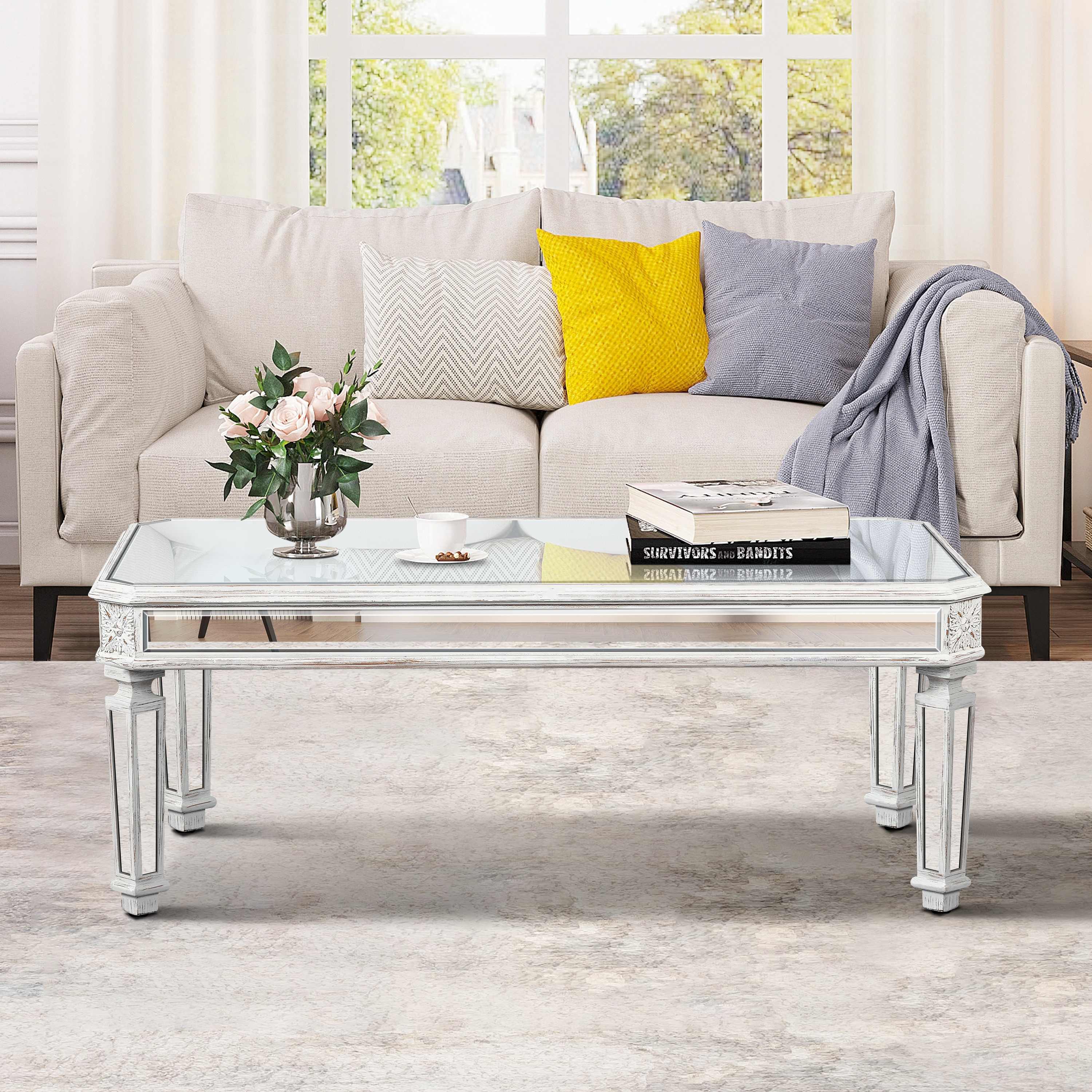 Silver Mirrored Coffee Table, Vintage Carved Elements, Rectangle Glass Tea Table With Mirrored Finish, Modern Center Table For Living Room And Office  24  D X 48  W X 18  H
