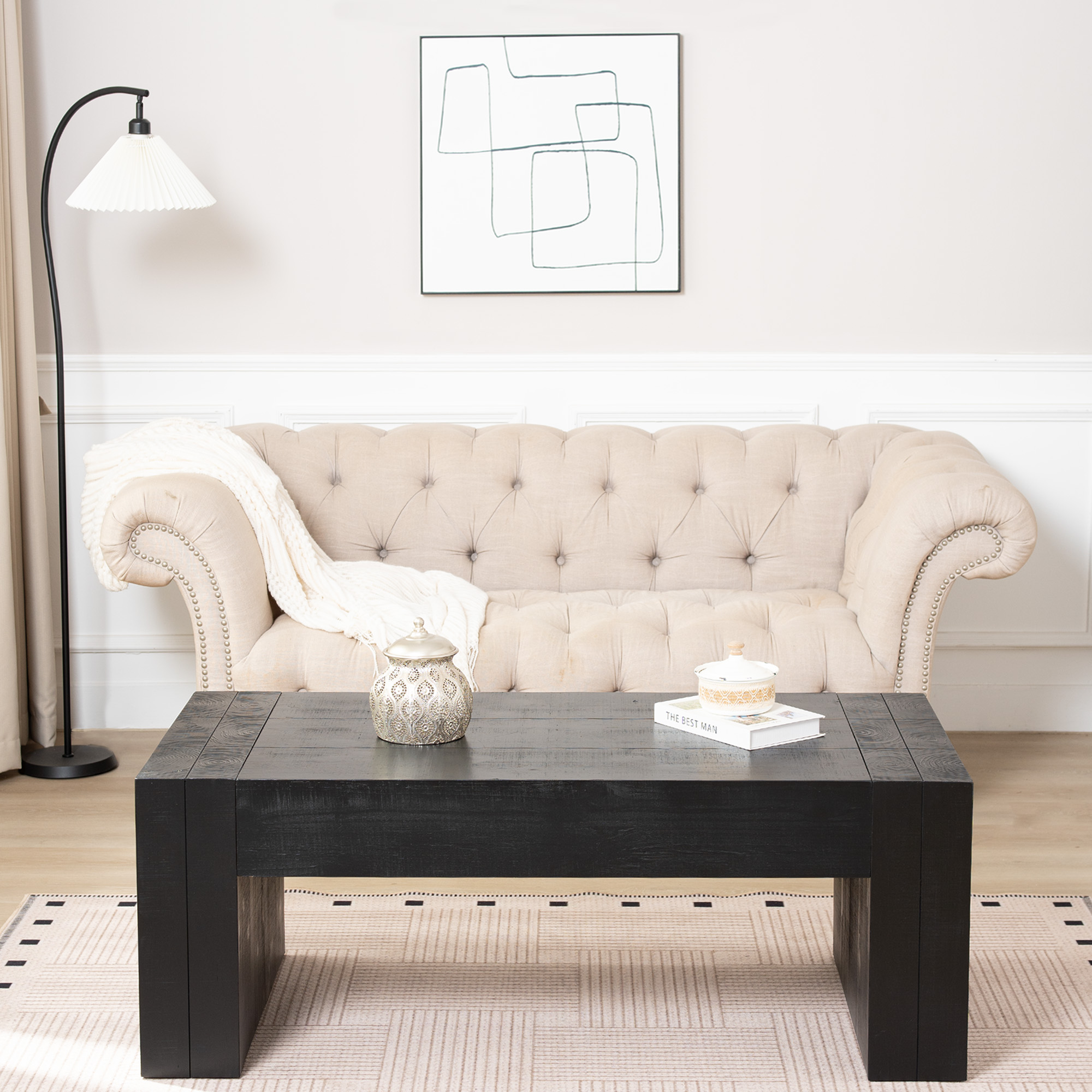 49  Black Wood Coffee Table, Engineered Wood Center Table With Solid Black Finish, Modern Farmhouse Living Room Block Leg Coffee Table