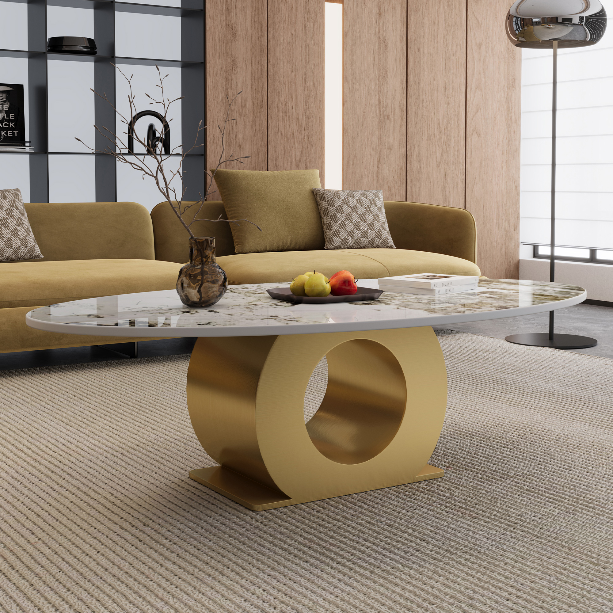 Oval Sintered Stone Coffee Table with Gold O-Base