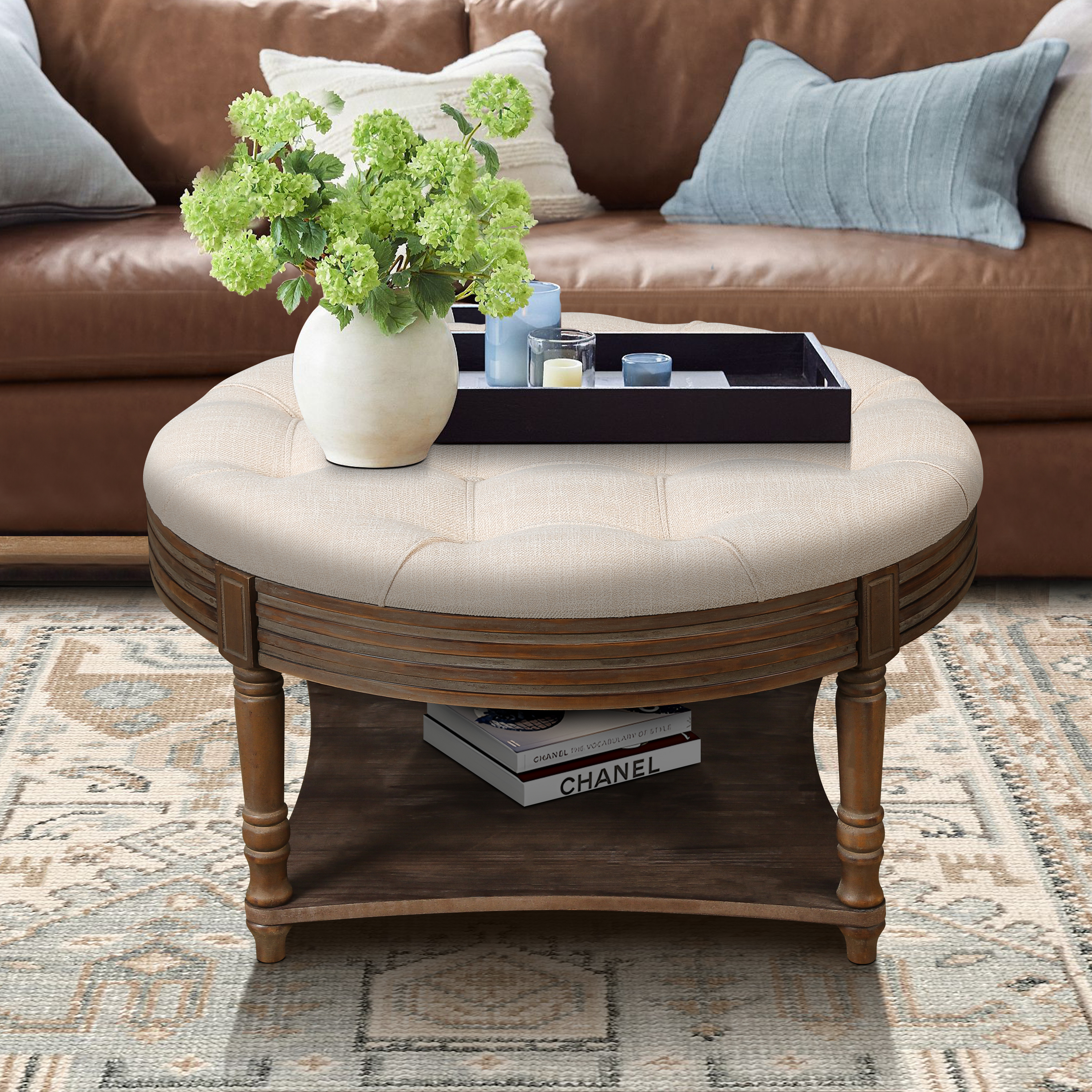 Large Round WaterProof Ottoman Coffee Table 2 Tier Oversized Button Tufted Ottoman With Wooden Shelf Storage Farmhouse Upholstered Coffee Table Living Room Footstool Ottoman Linen Beige