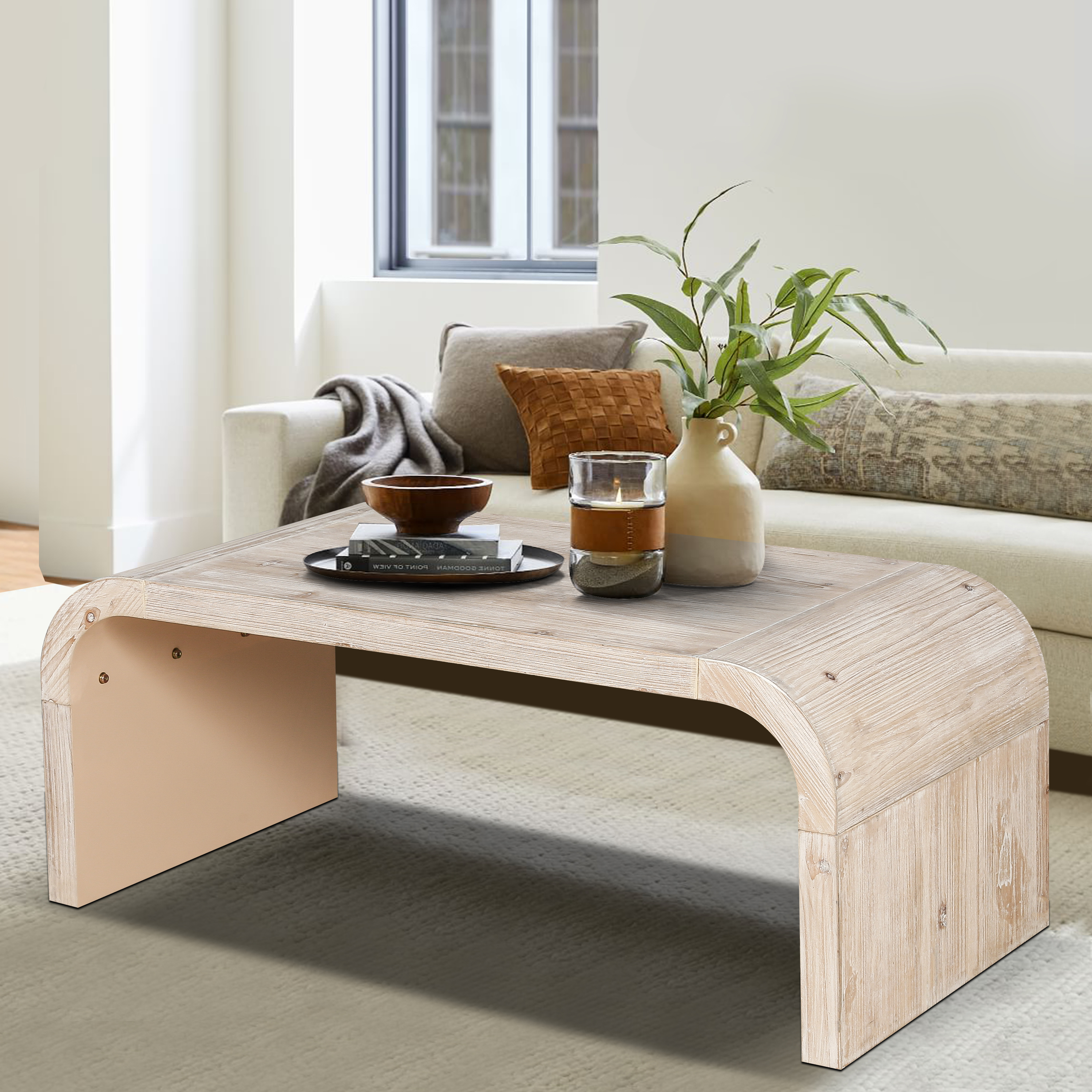 Farmhouse  Vintage Crafts Coffee Table,Curved Art Deco Design, Easy Assembly, 48  W X 24  D X 18   Antique Natural