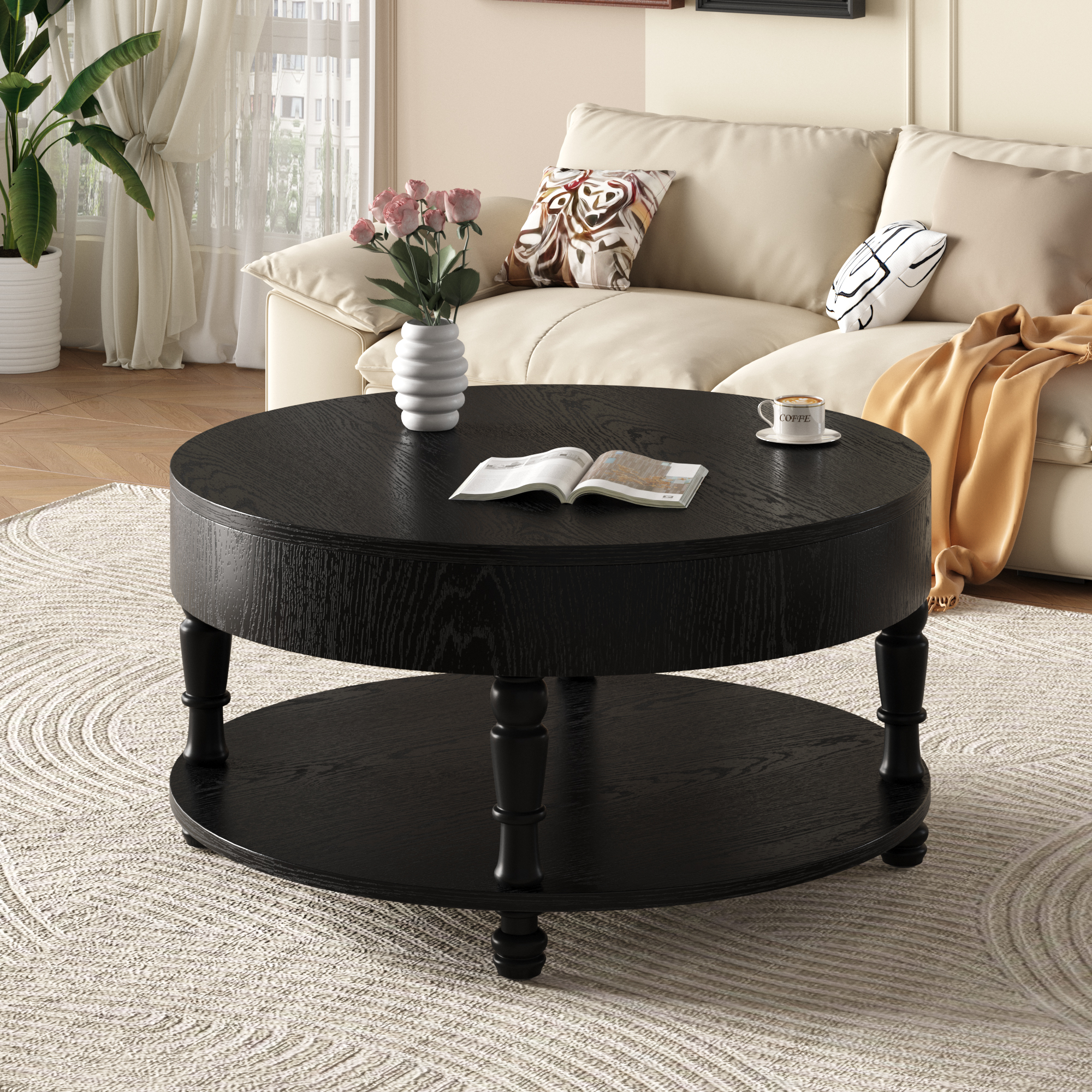 Coffee Table With Dual Storage For Living Room, 31.5  Modern Round Coffee Table With Storage And Hidden Compartment, Adjustable Leveling Feet, Easy Assembly  Black
