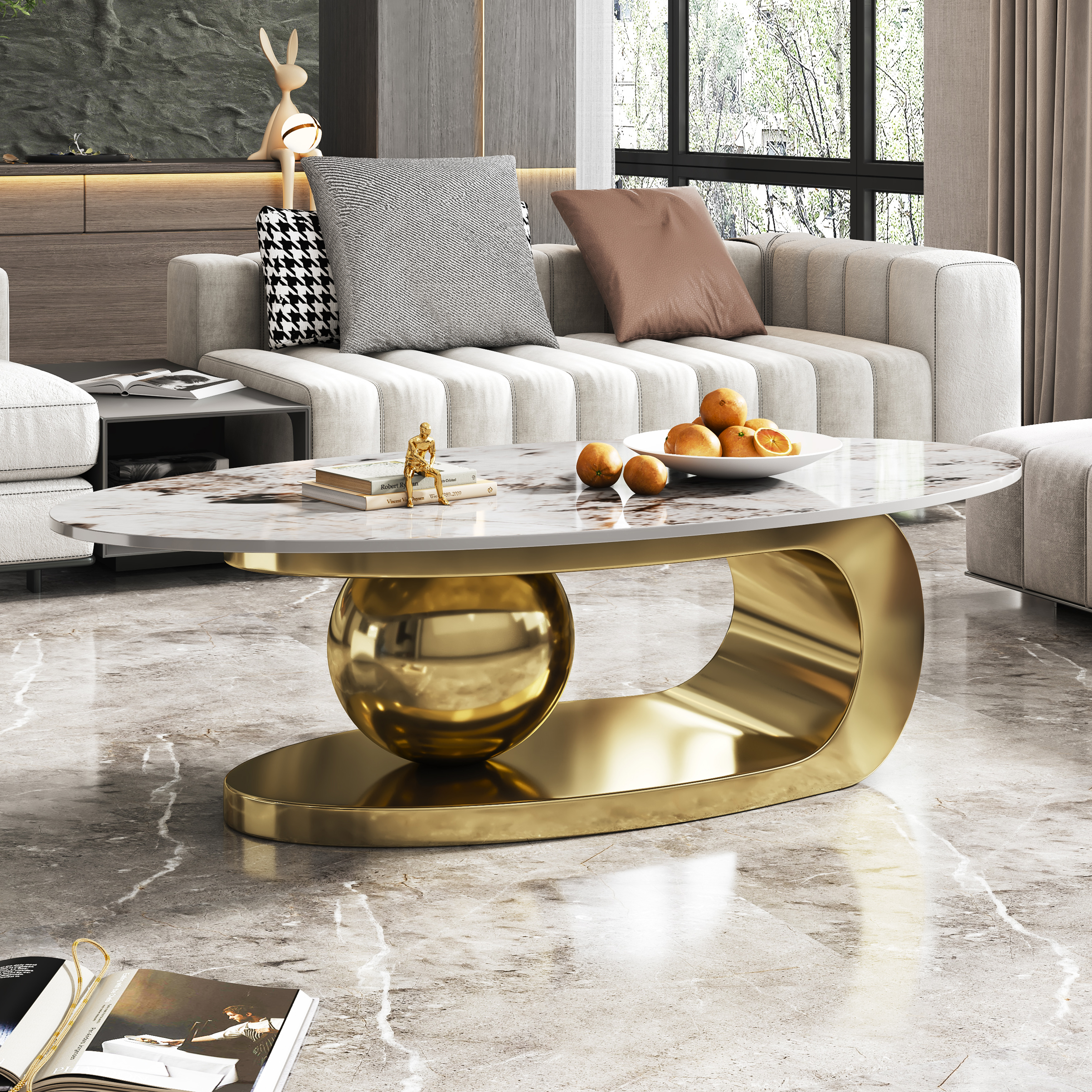 Oval Faux Marble Coffee Table with Gold Stainless Base