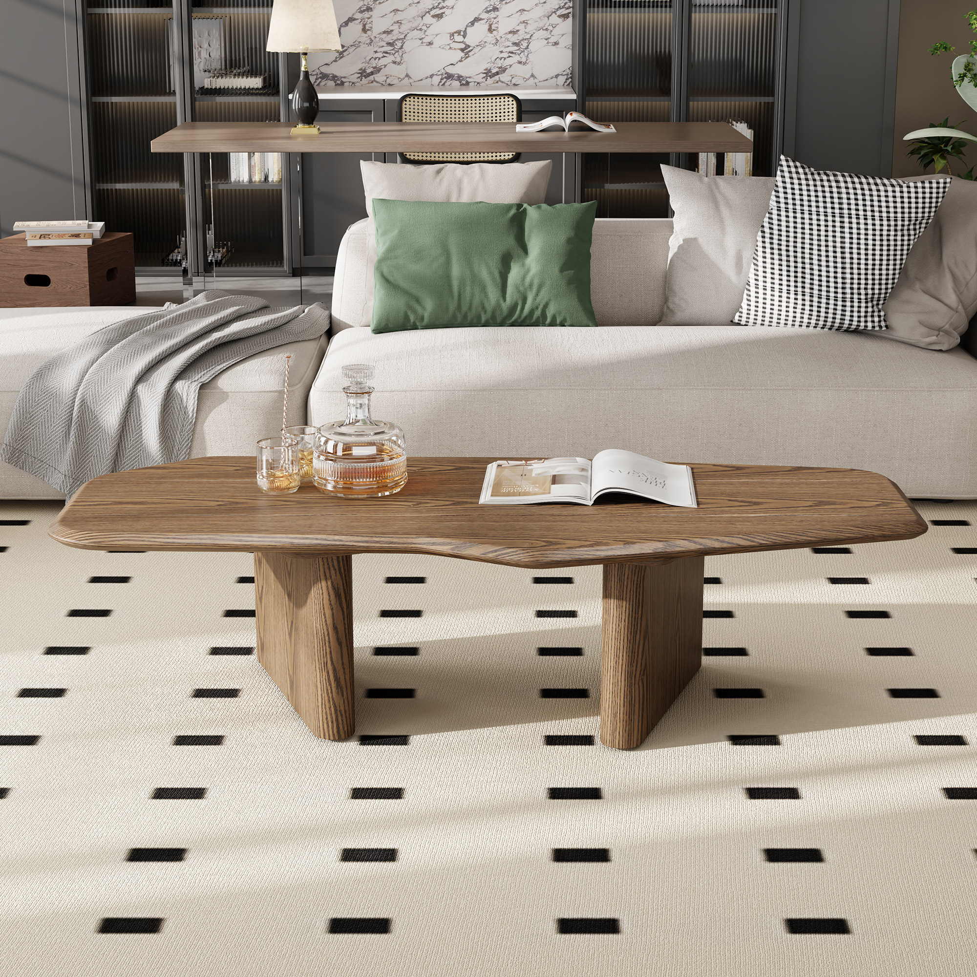 47.2 Inches Free Form Rustic Ash Wood Veneer Coffee Table For Small Living Room