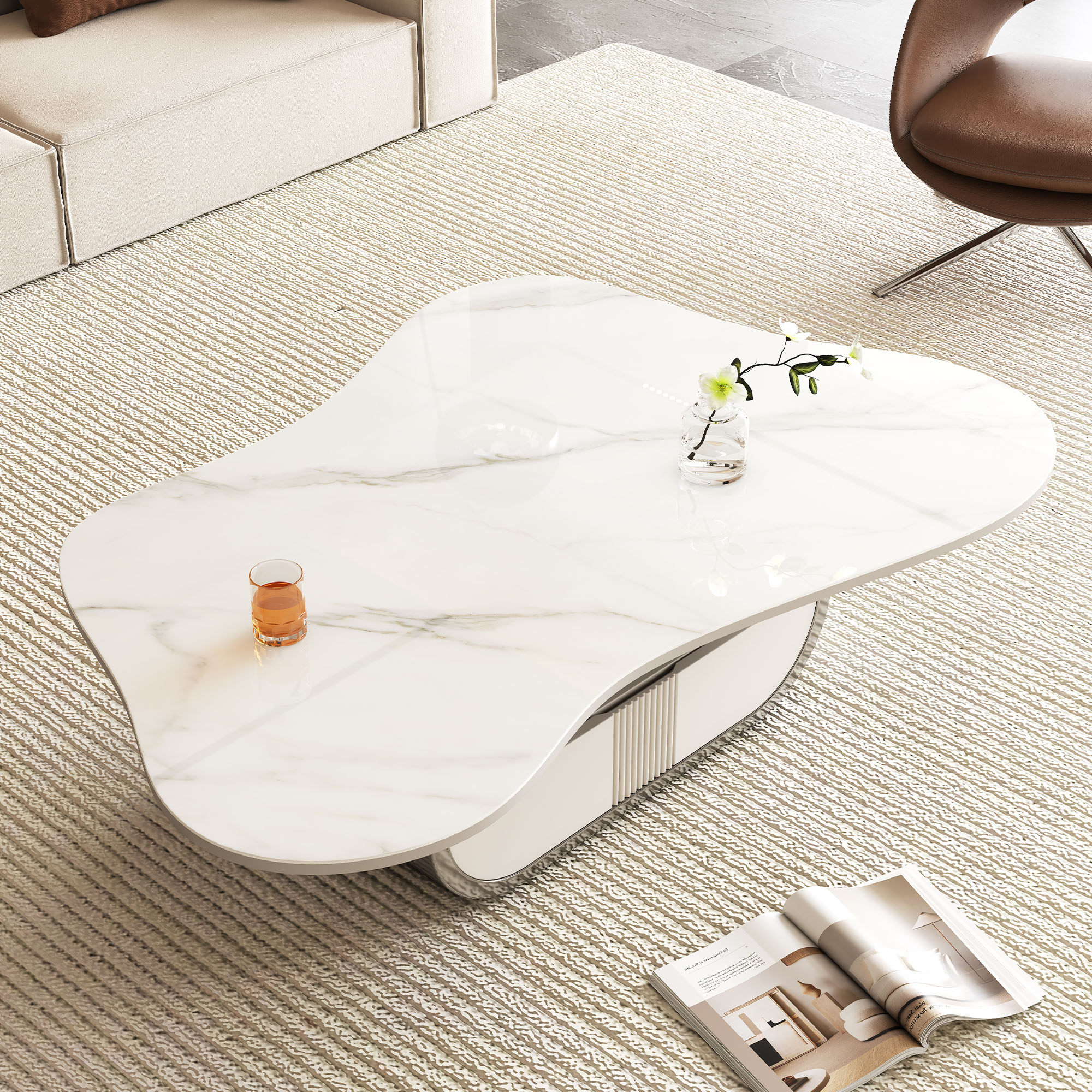 Modern Butterfly Coffee Table With Sintered Stone Top -Oval Center Table With Storage Shelf & Drawer, Stainless Steel Base & MDF Cabinet