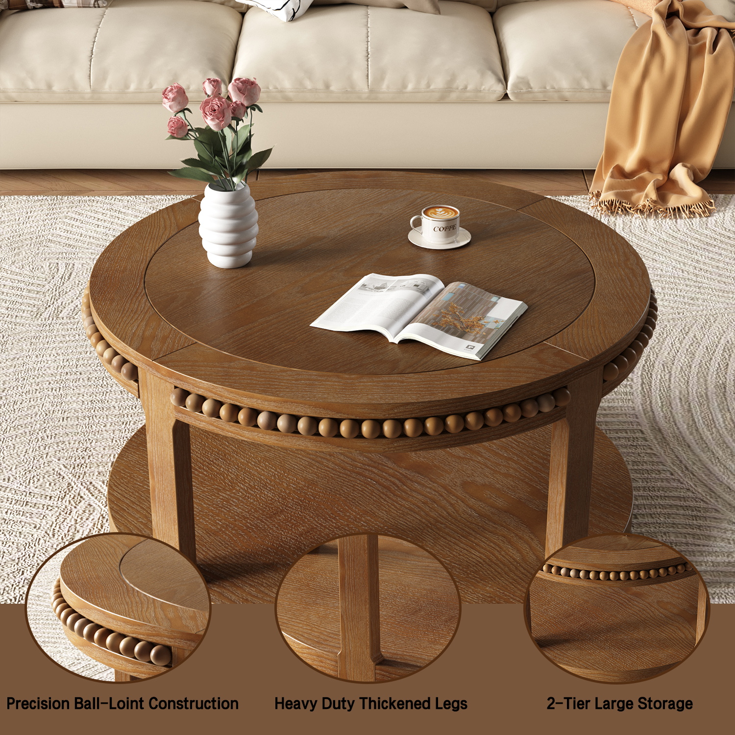 31.5 Inch Round Solid Wood Coffee Table & Sofa Table - Two-Tier Thickened Top, Sturdy Legs, Circle Table For Living Room  Walnut