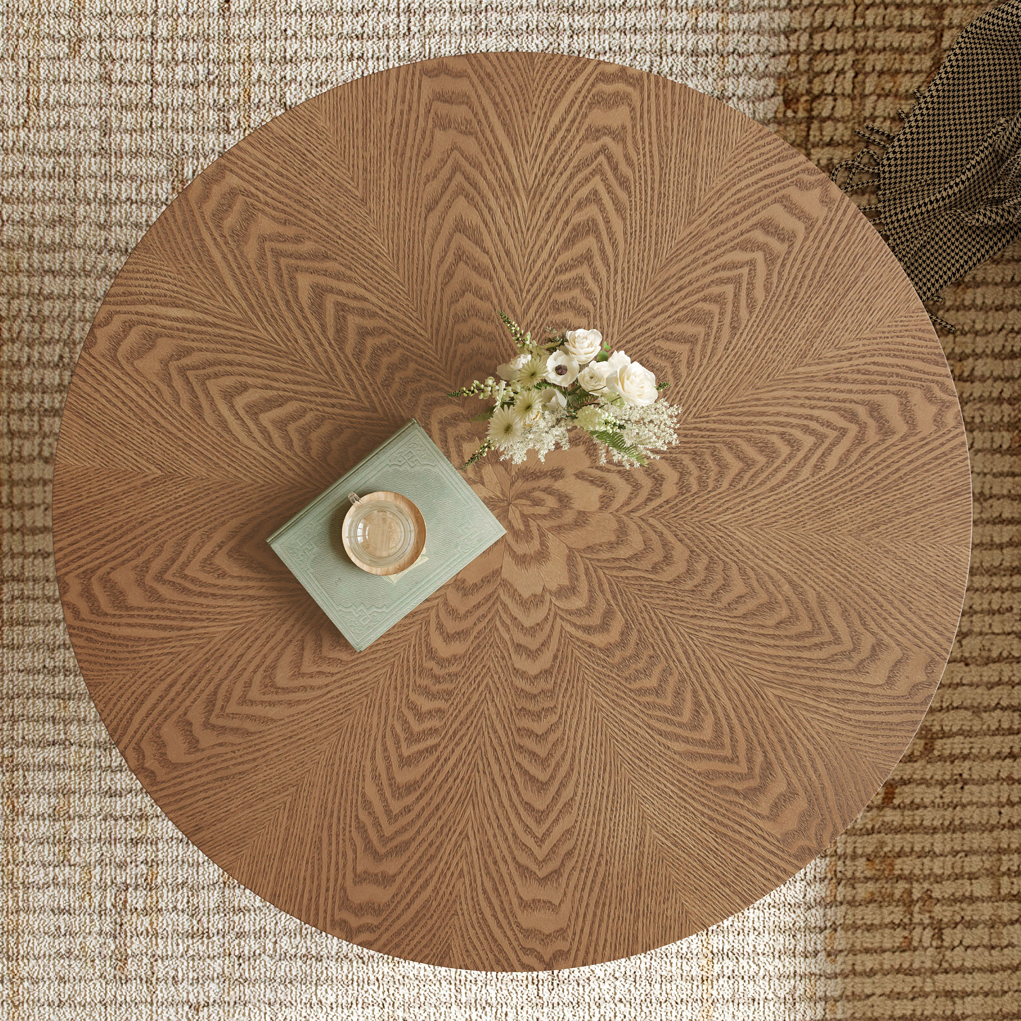 Round Ash Wood Veneer Coffee Table, Walnut Finish