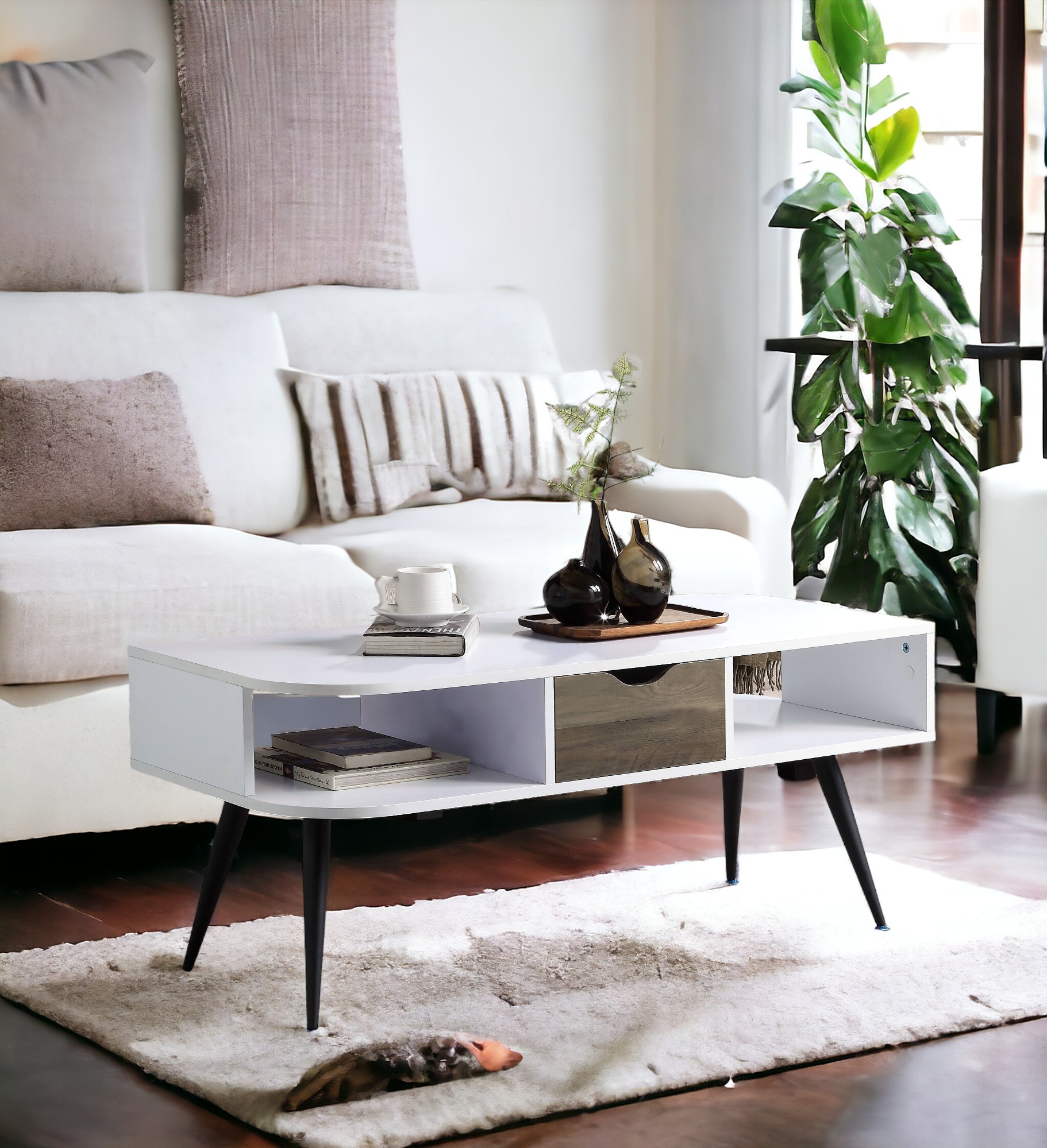 White and Black Coffee Table with Drawer and Shelves