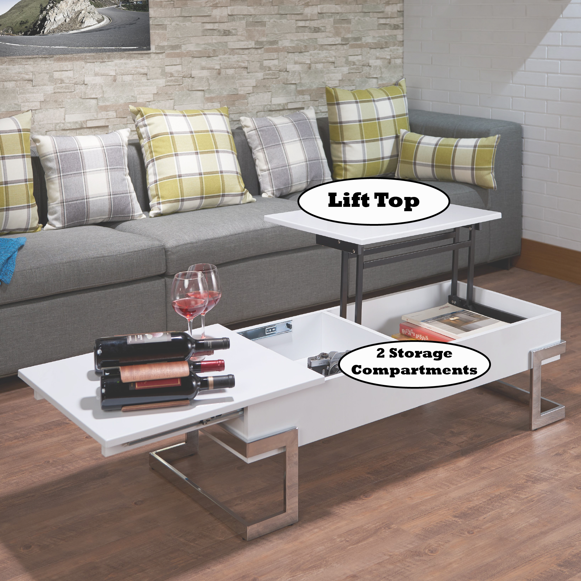 Calmam White High Gloss & Chrome Finish Coffee Table W  Lift Top