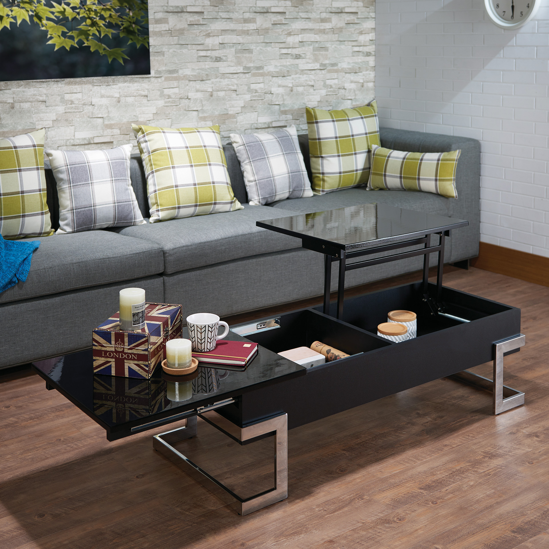 Black High-Gloss Lift-Top Coffee Table with Storage