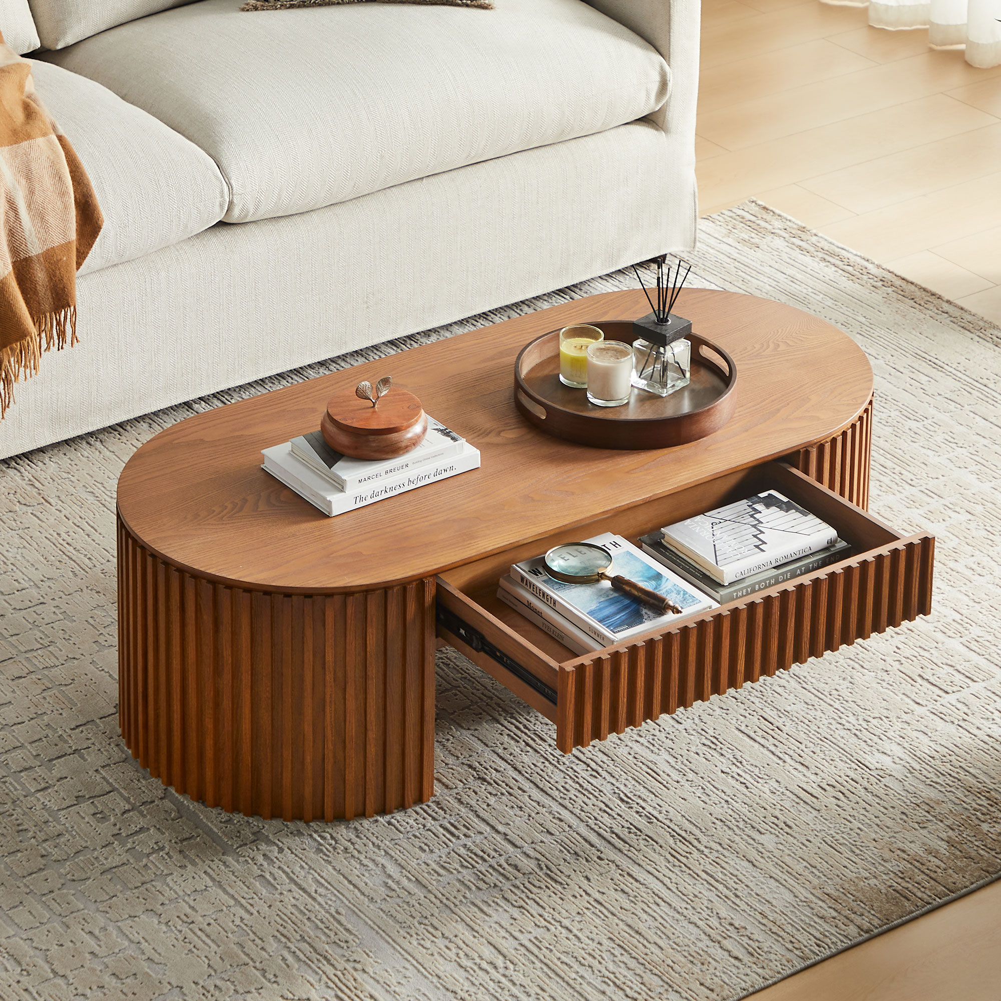 Oval Brown Wood Coffee Table with Center Drawer