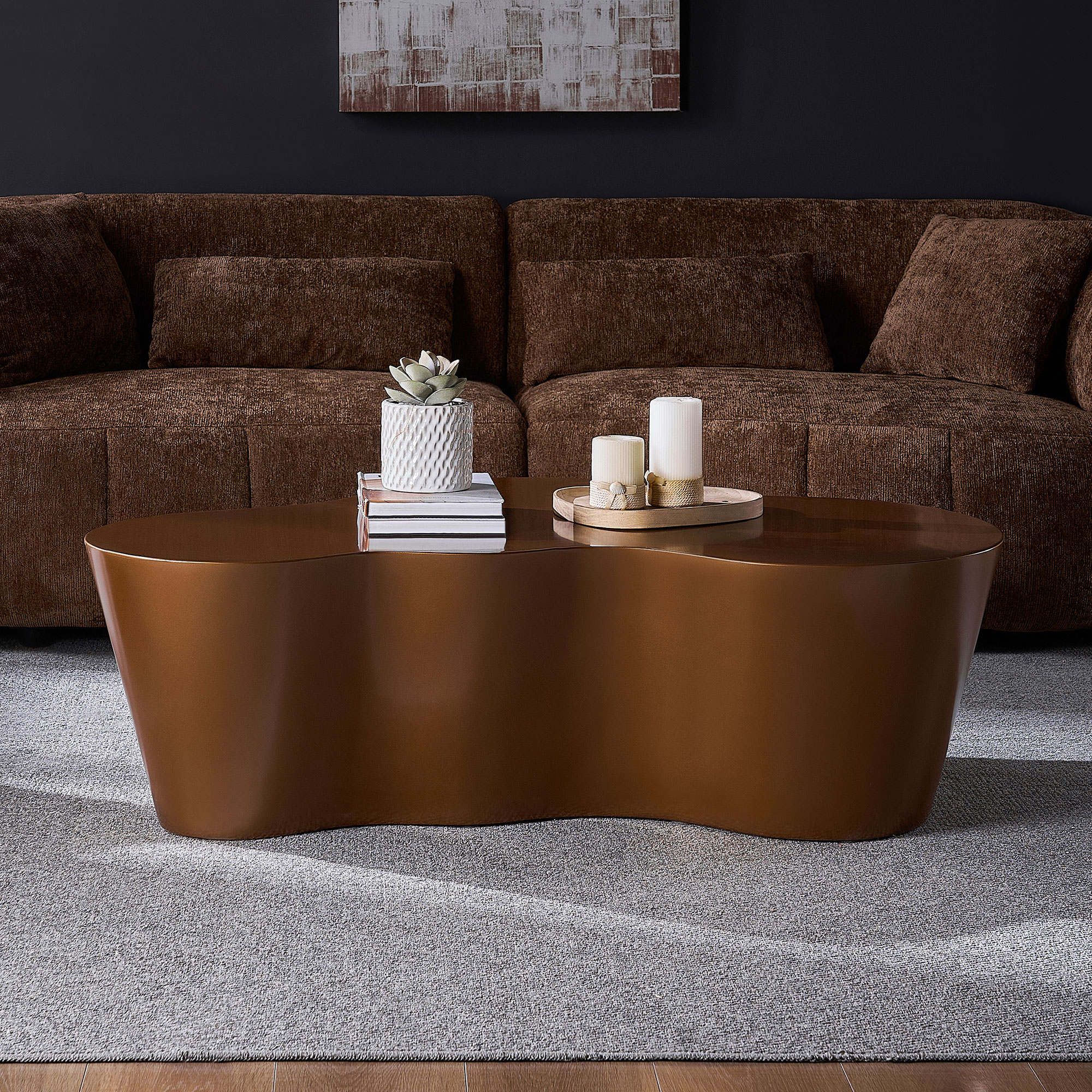 50 Inch Unique Shape Coffee Table Sturdy Fiberglass Tea Table For Living Room No Need Assembly BROWN