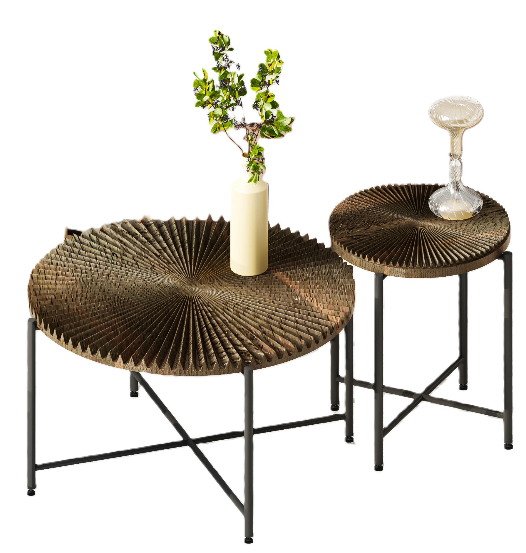 Radial Pattern 2-Piece Coffee And End Table Set -Waterproof MDF With PVC Cover, Distressed Cylindrical Design, Black Metal Legs -Classic Rustic Charm, Dark Walnut