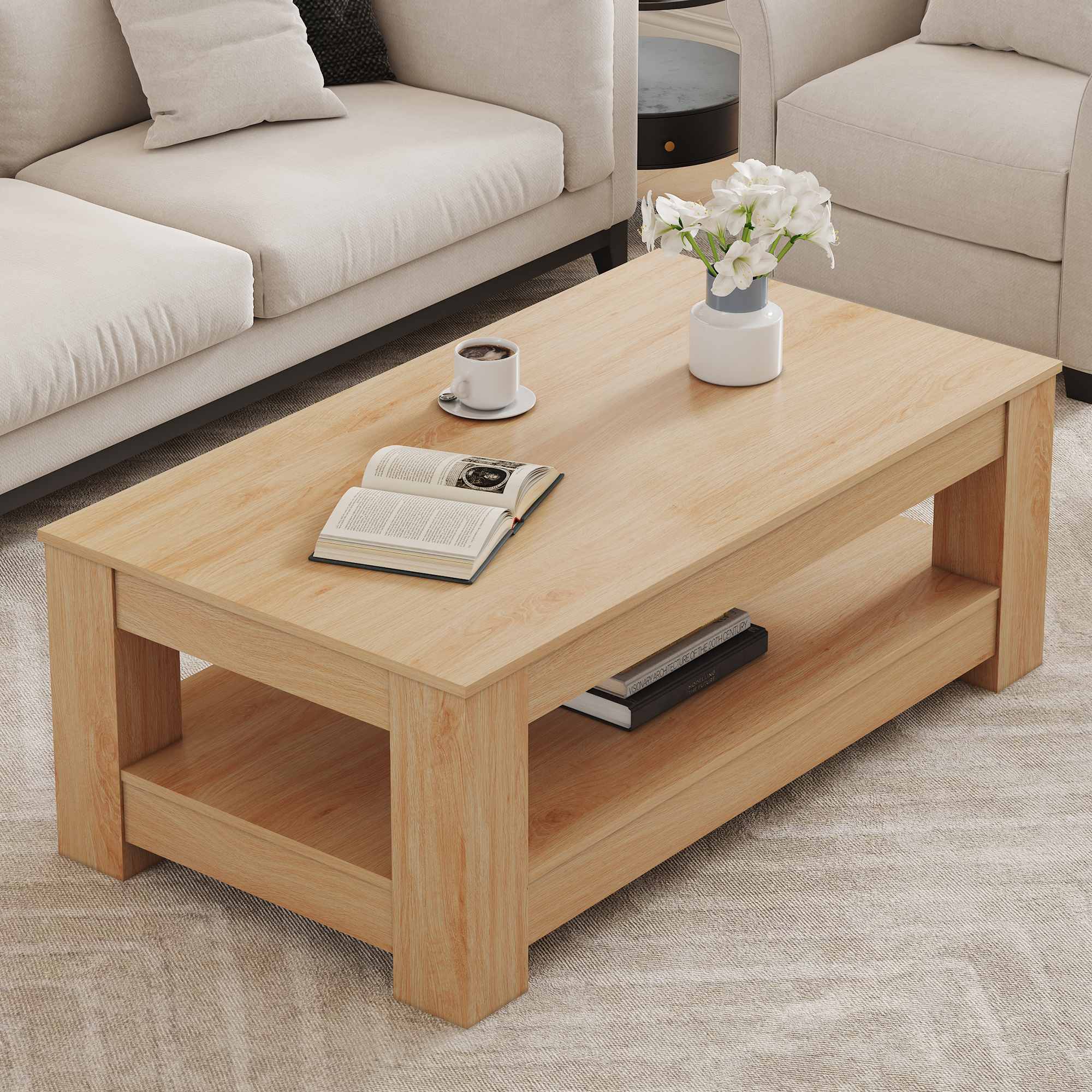 A Modern And Practical Natural Wood Coffee Table. The Double Layered Coffee Table Is Made Of MDF Material. Suitable For Living Room, Bedroom, And Study