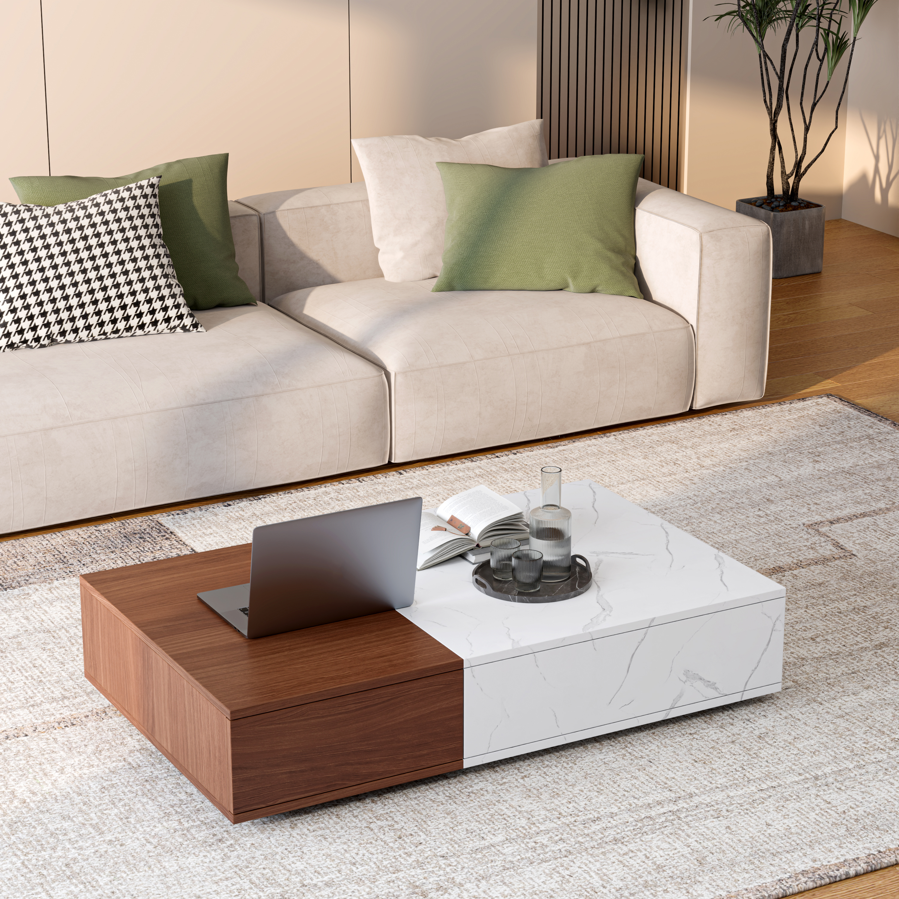 Rectangular Walnut Coffee Table with Two Storage Shelves