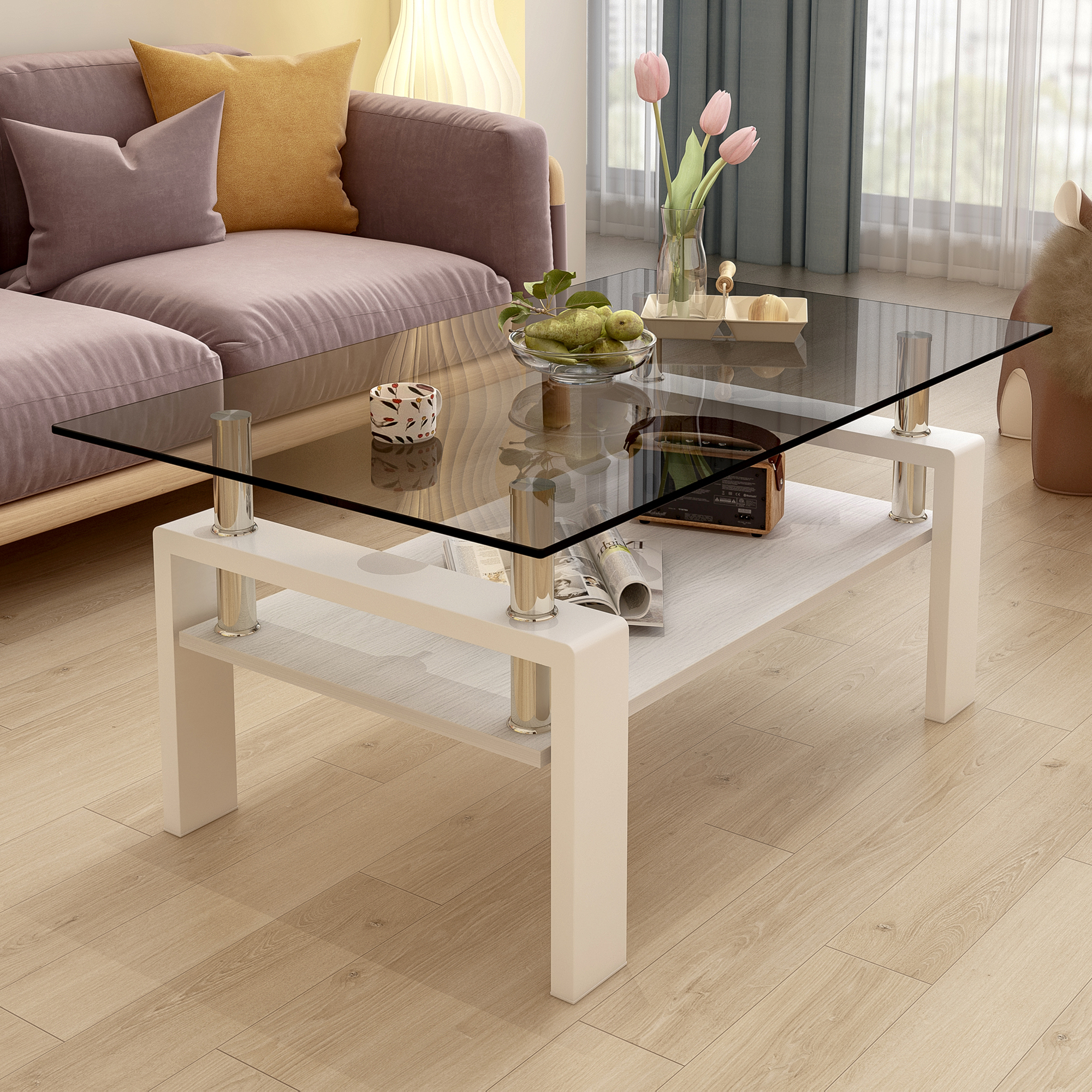 Gray Tempered Glass Coffee Table with MDF Lower Shelf
