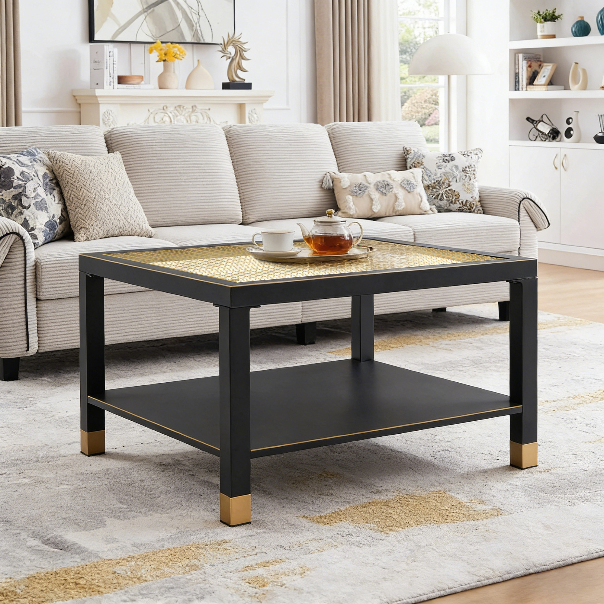 Square Industrial Coffee Table, Matte Black Frame with Gold Mesh Glass Top