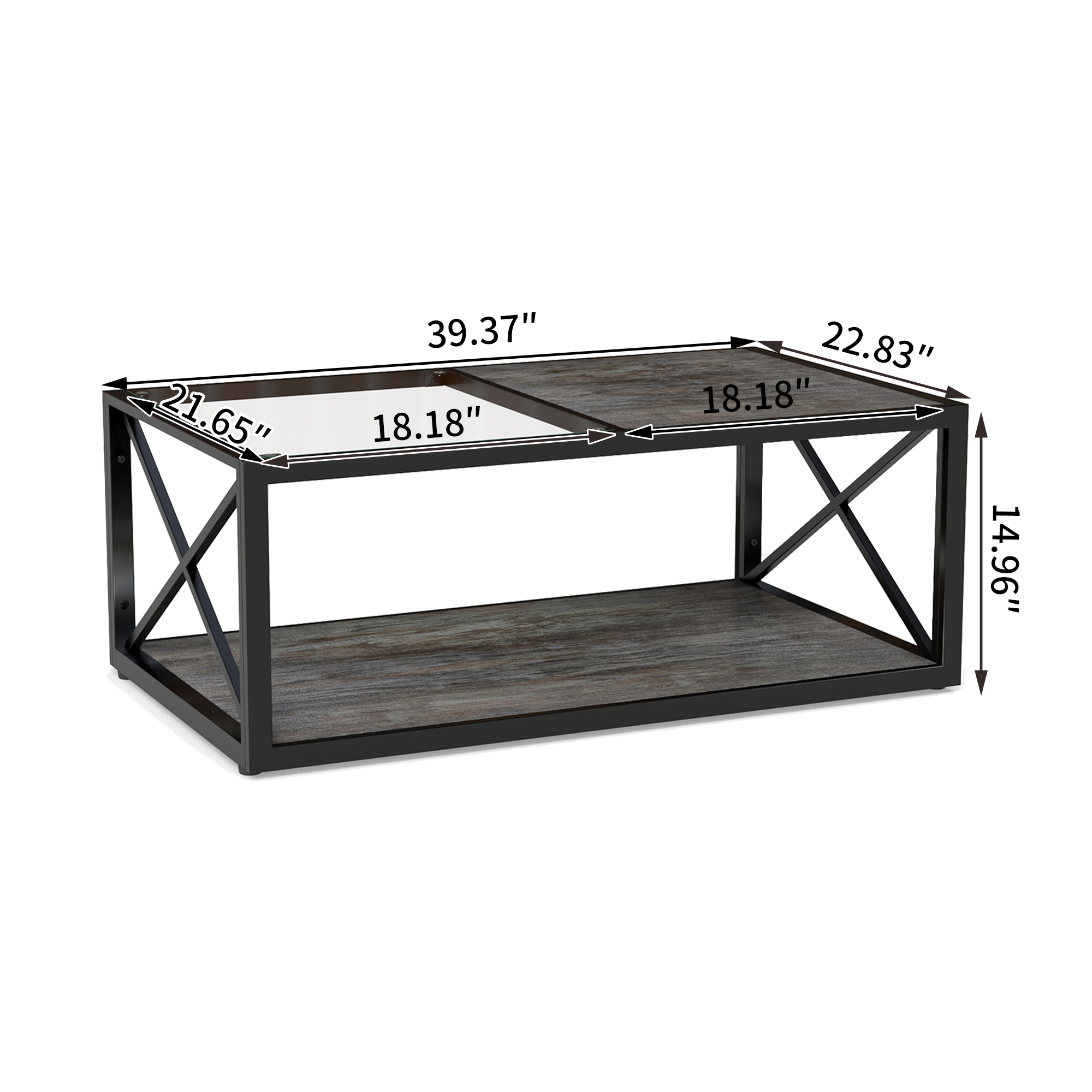 Modern Coffee Table For Bedroom & Living Room, Tempered Glass&Rustic Wood Grain MDF, Industrial Style Coffee Table